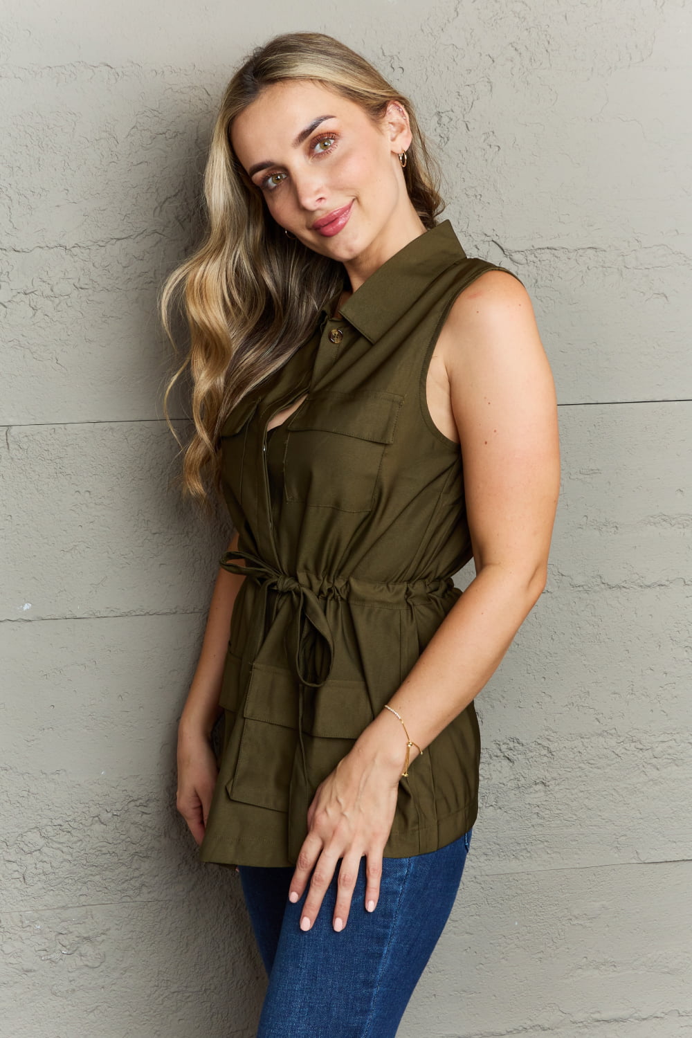 Honeybee Mumford's Follow The Light Sleeveless Collared Button Down Top