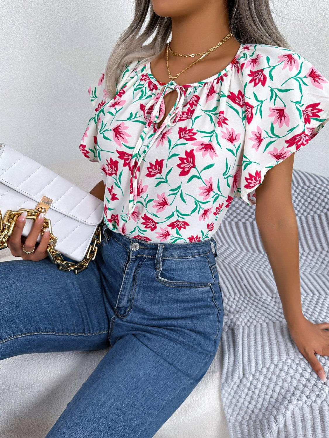 Honeybee Mumford's Floral Tie Neck Flutter Sleeve Blouse