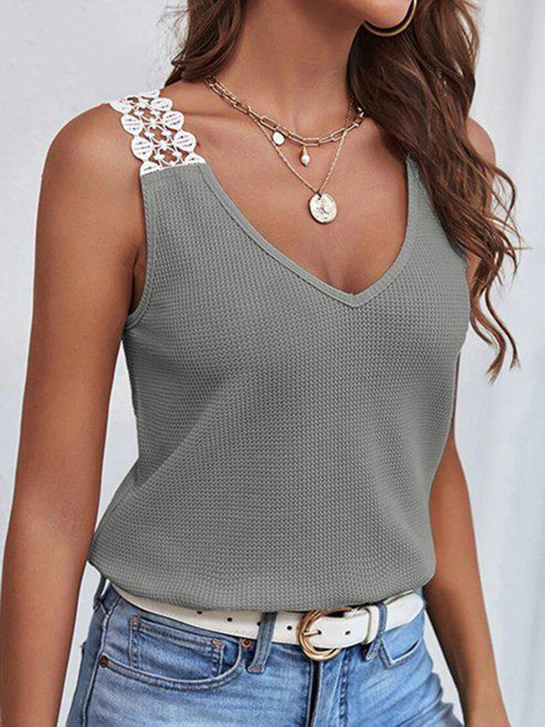 Honeybee Mumford's Full Size Lace Detail V-Neck Tank