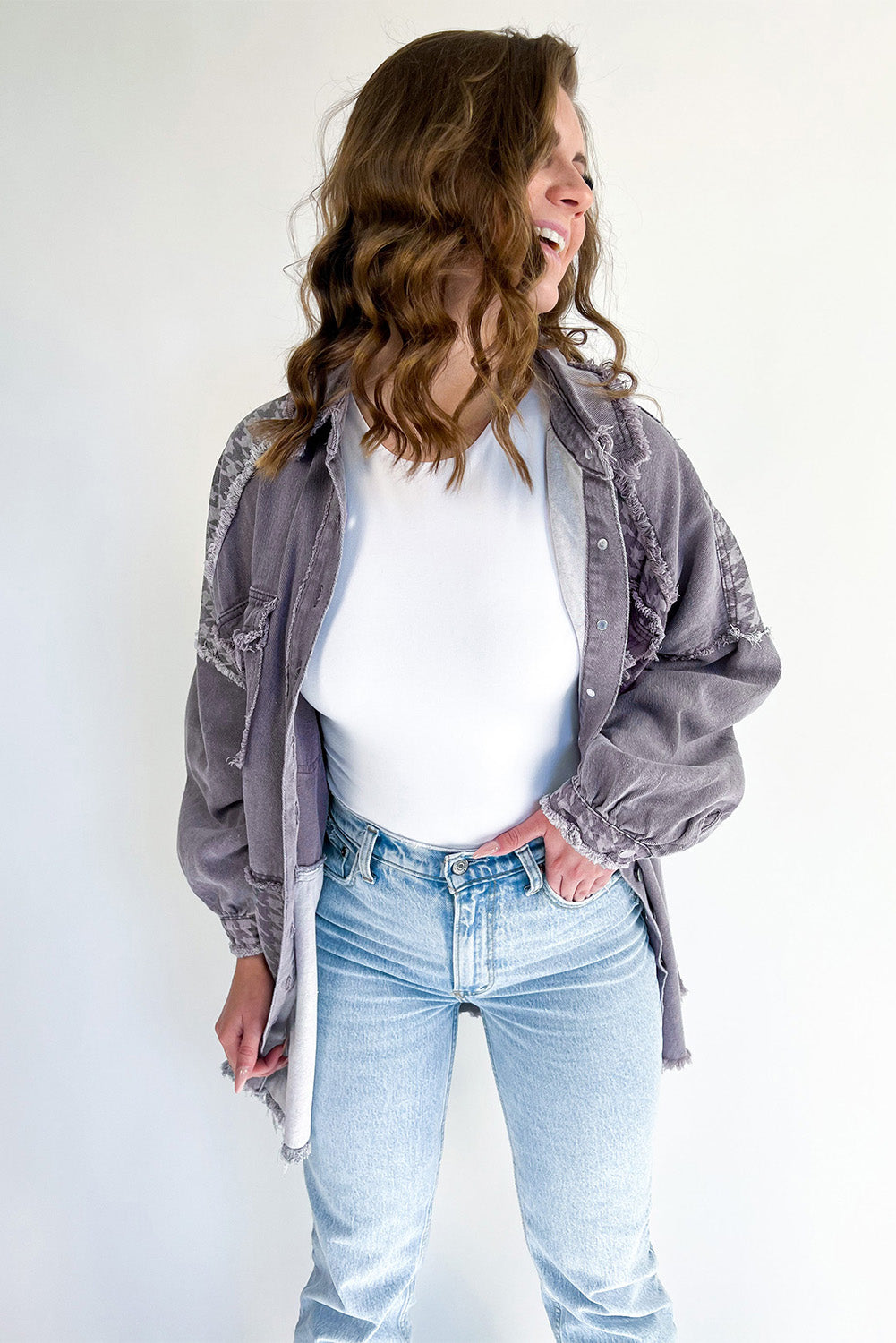 Honeybee Mumford's Medium Grey Retro Distressed Houndstooth Patchwork Denim Jacket