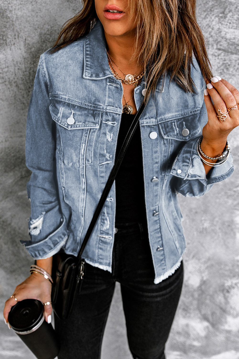 Honeybee Mumford's Blue Lapel Distressed Raw Hem Buttons Denim Jacket