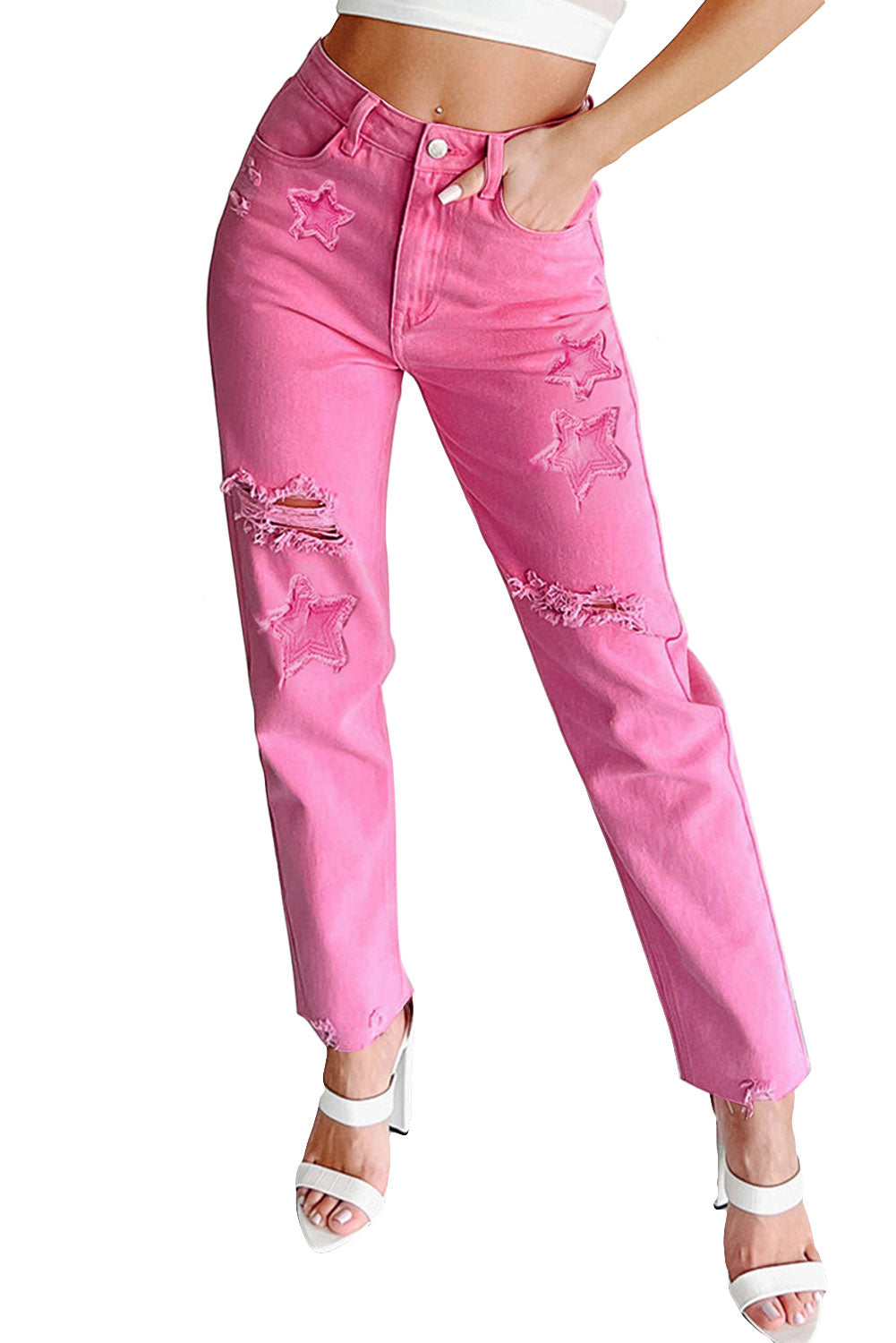 Honeybee Mumford's Pink Star Shape Patchwork Mid Waist Straight Leg Jeans