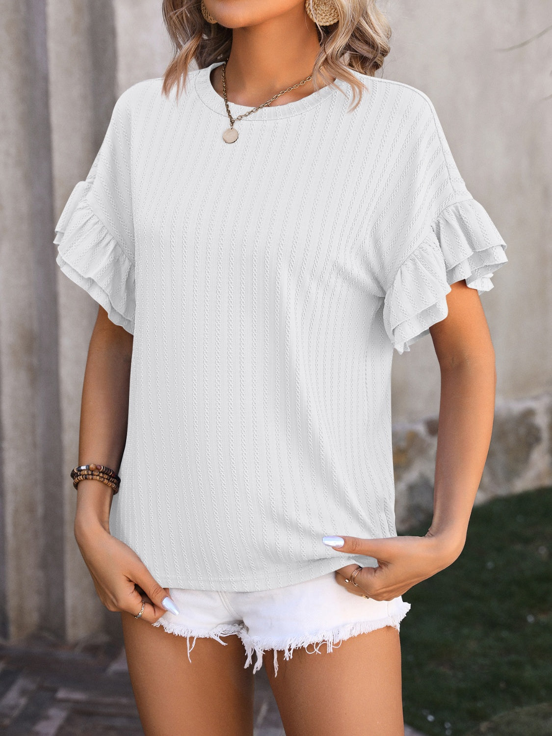 Honeybee Mumford's Ruffled Round Neck Short Sleeve Blouse