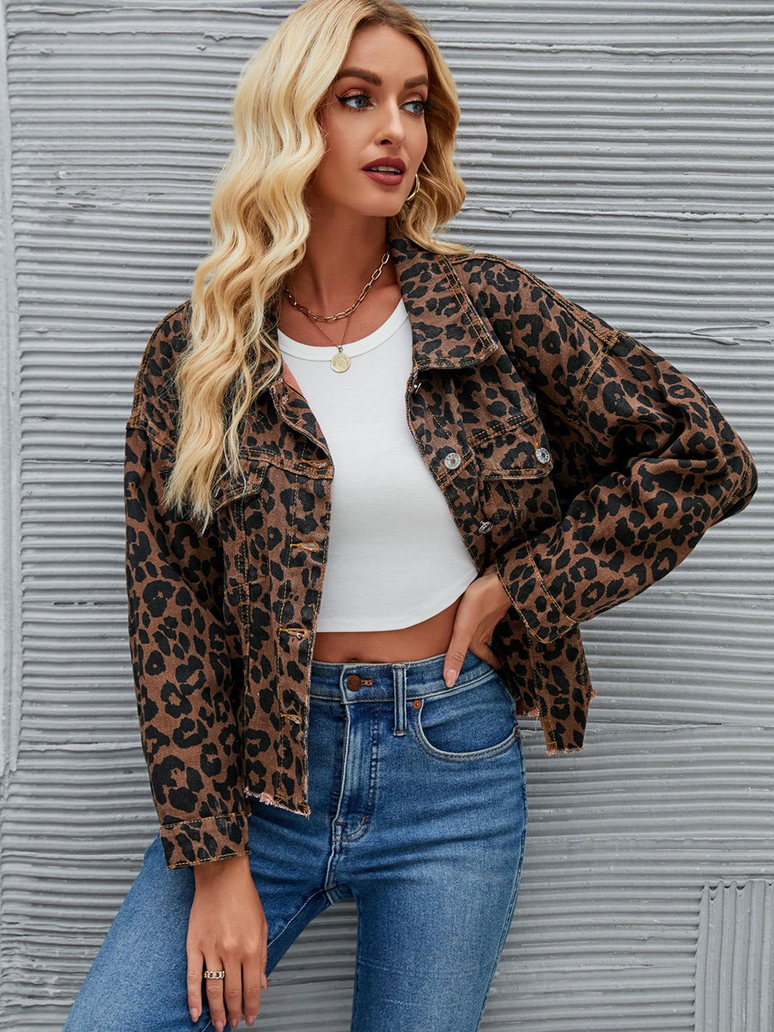 Honeybee Mumford's Leopard Button Up Dropped Shoulder Denim Jacket