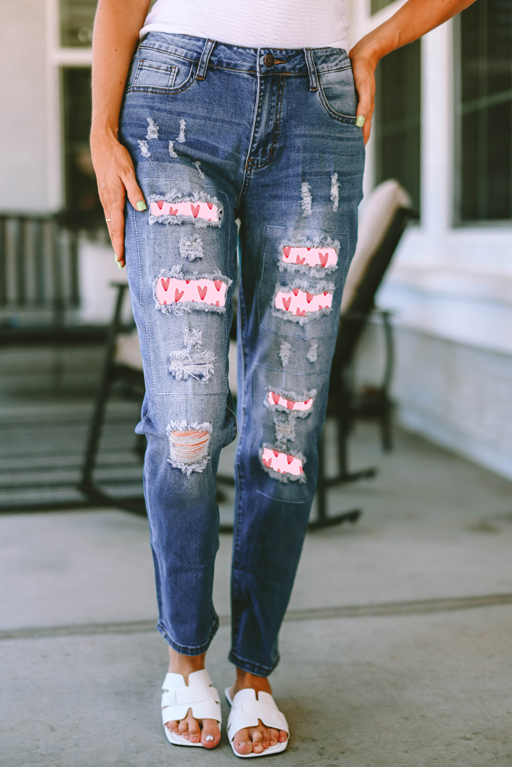 Honeybee Mumford's Heart Pattern Distressed Straight Jeans