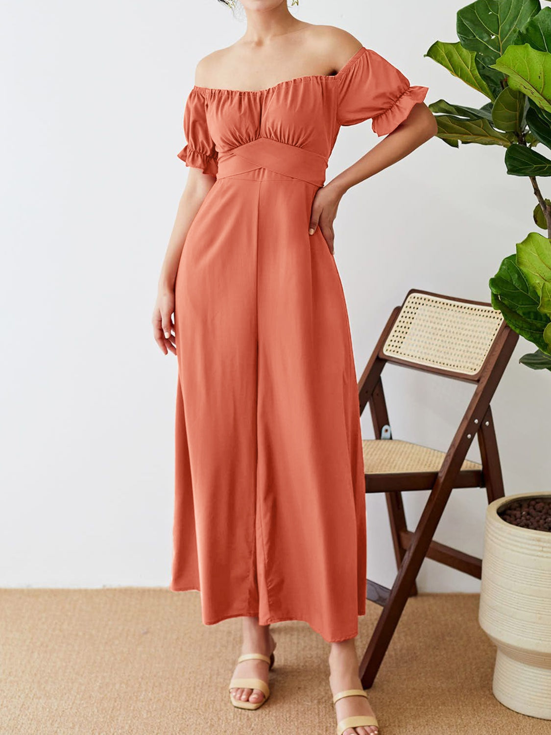 Honeybee Mumford's Off-Shoulder Short Sleeve Wide Leg Jumpsuit