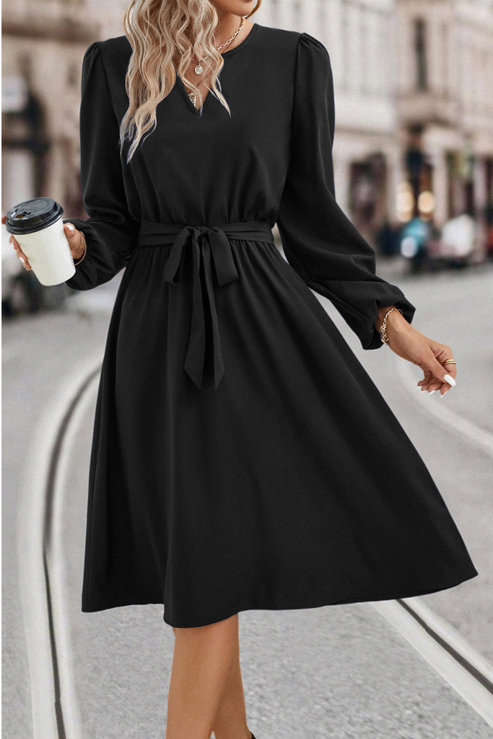 Honeybee Mumford's Tie Waist Notched Neck Long Sleeve Dress