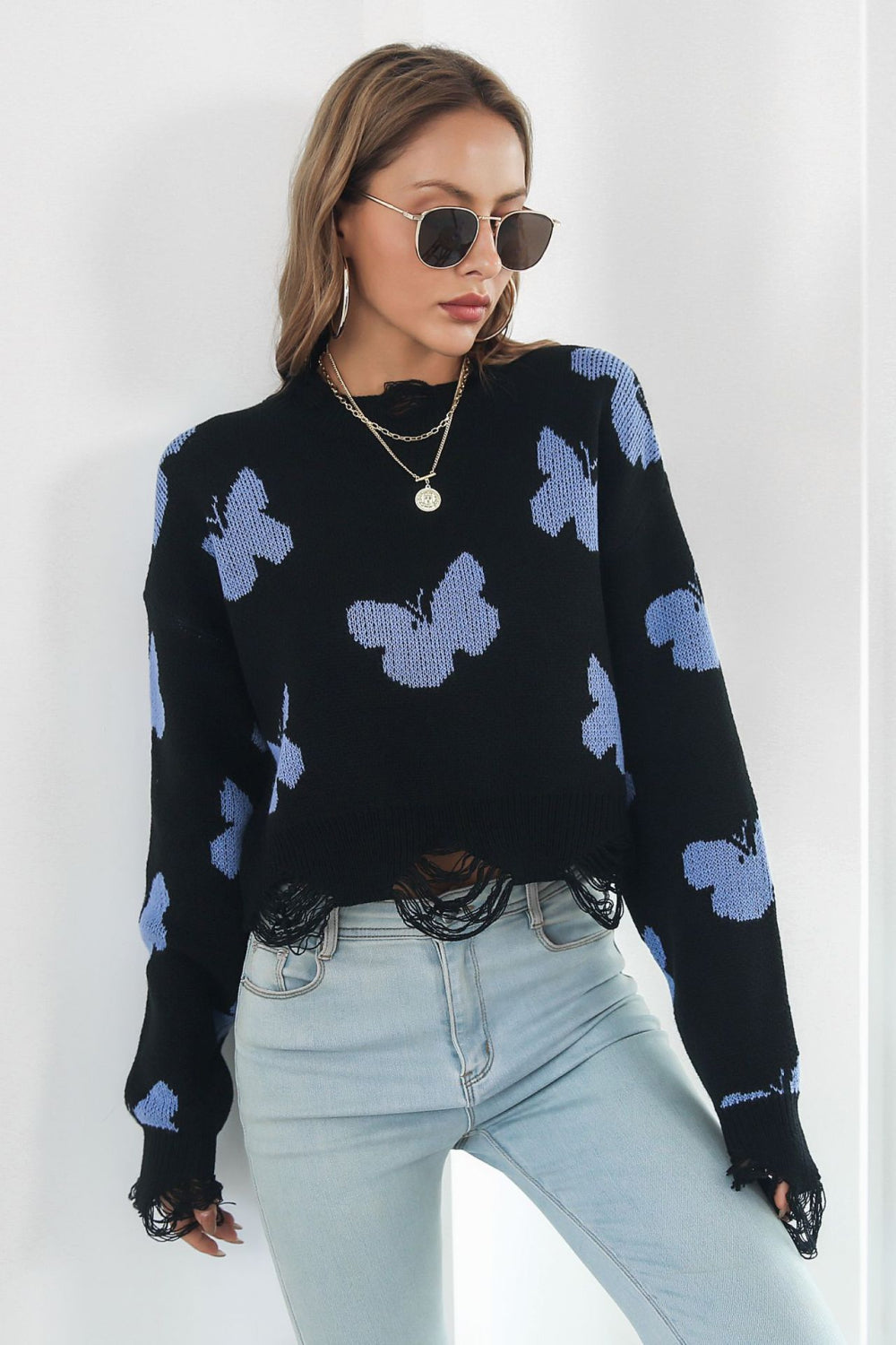 Honeybee Mumford's Printed Round Neck Ribbed Long Sleeve Sweater