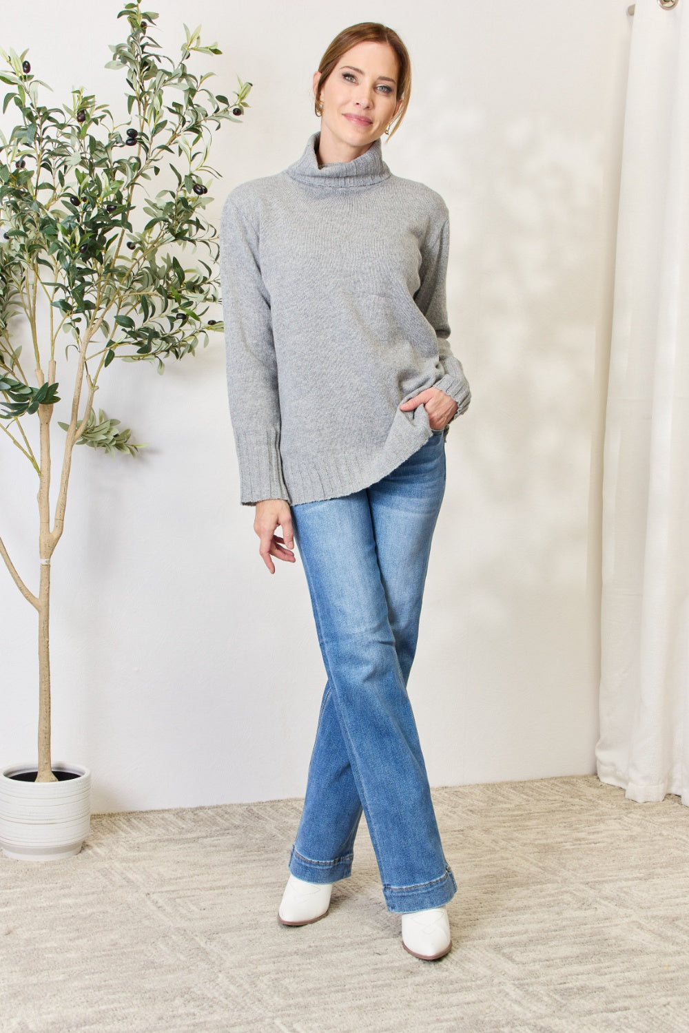 Honeybee Mumford's Heimish Full Size Turtleneck Long Sleeve Slit Sweater