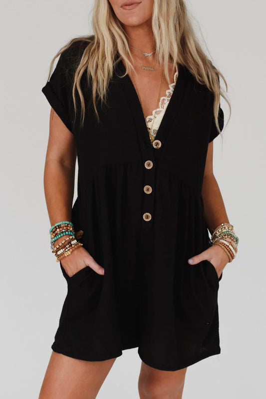 Honeybee Mumford's Black V Neck Buttons Loose Cuffed Short Sleeve Romper