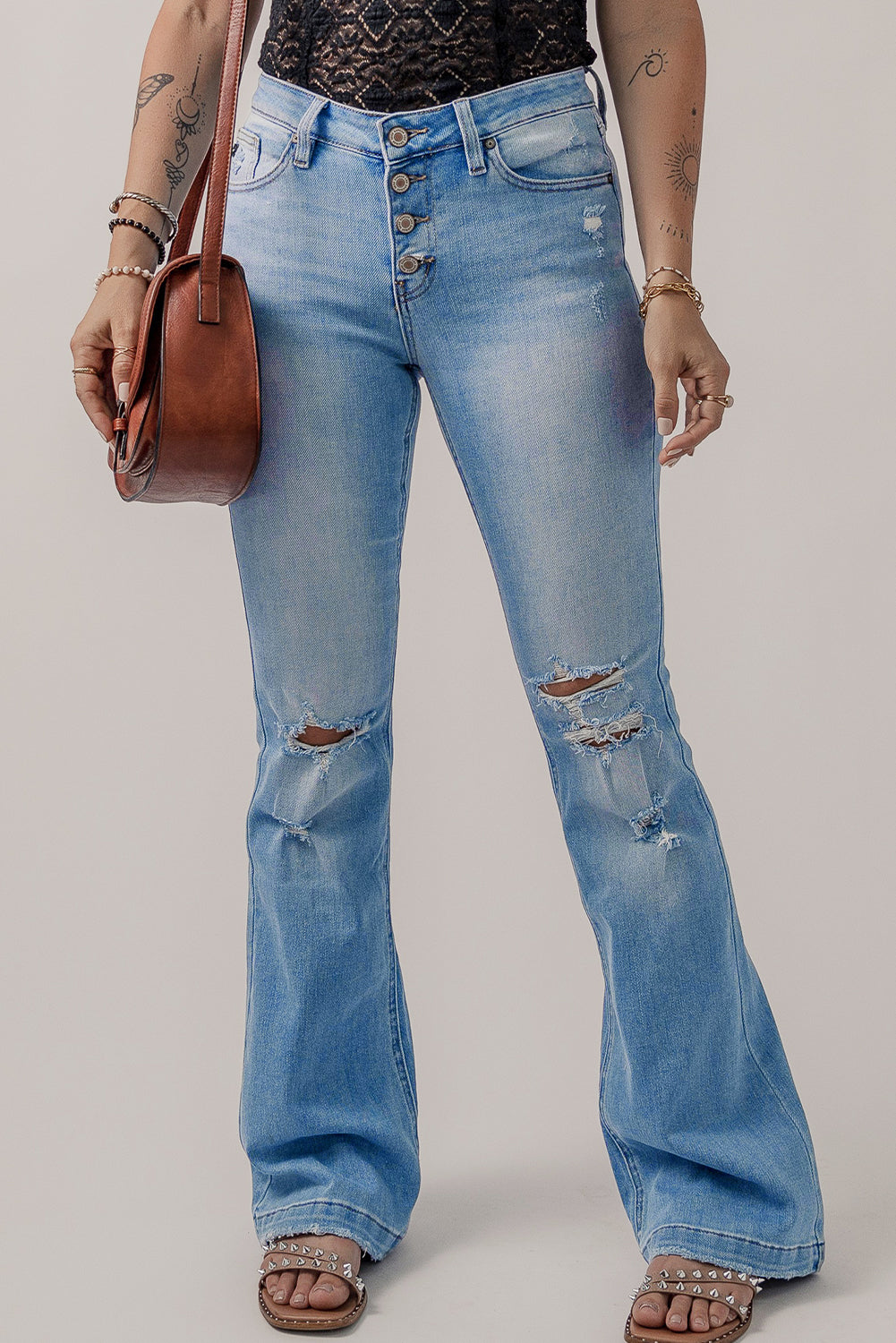 Honeybee Mumford's Beau Blue High Waist Button Front Ripped Flare Jeans