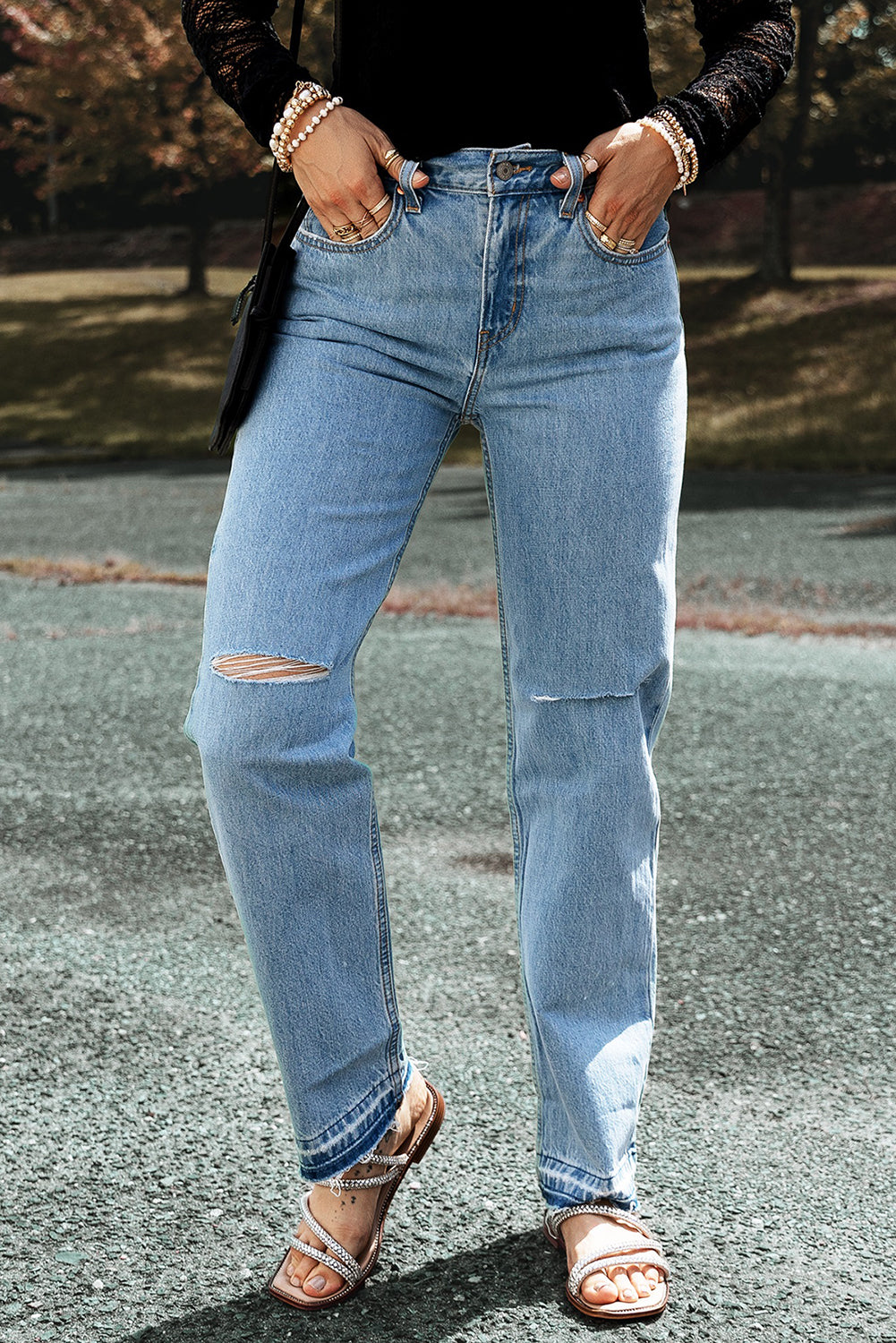 Honeybee Mumford's Light Blue Distressed Slit Leg Raw Edge Straight Jeans