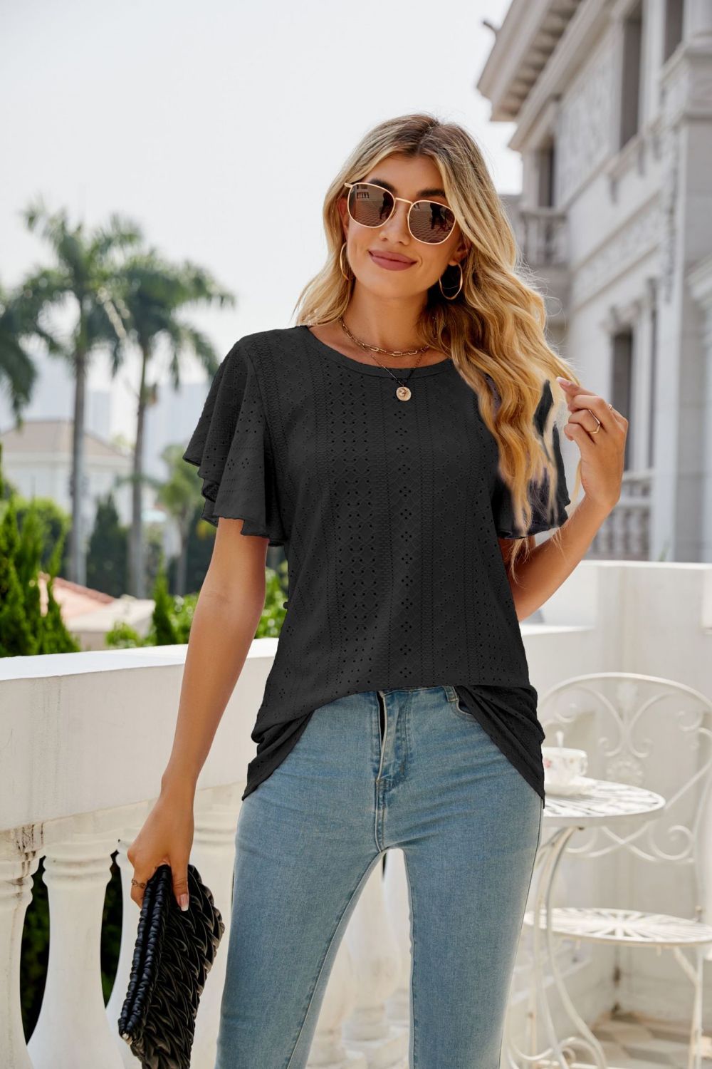 Honeybee Mumford's Eyelet Flutter Sleeve Round Neck Top