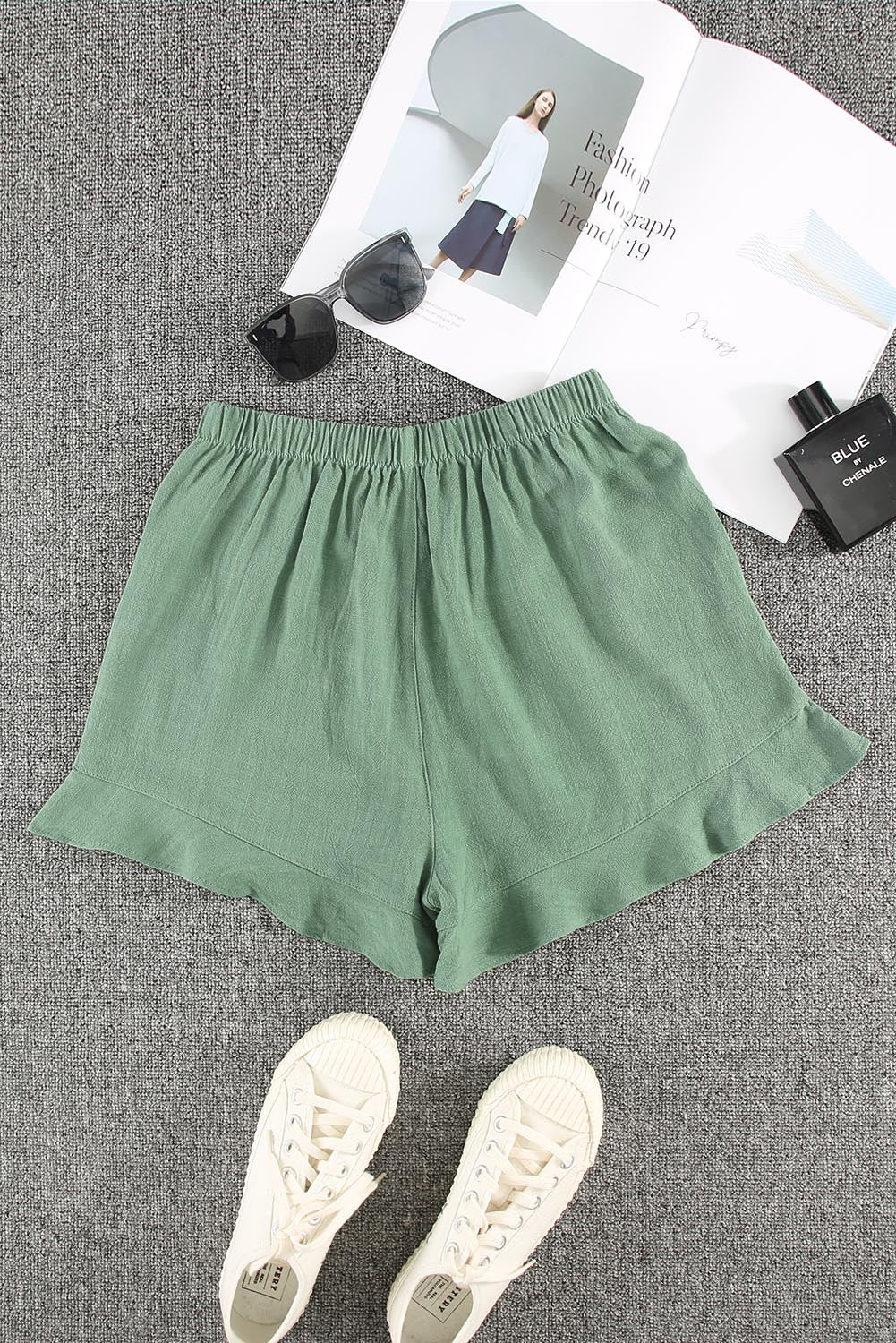 Honeybee Mumford's Green High Waist Pocketed Ruffle Shorts