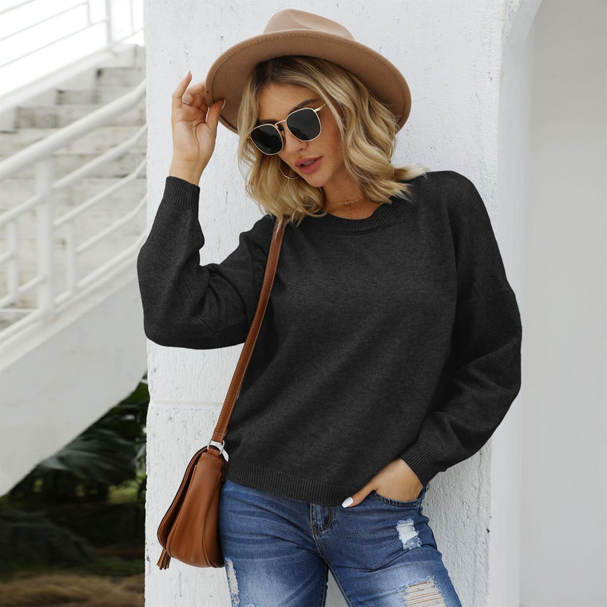 Honeybee Mumford's Round Neck Long Sleeve Drop Shoulder Sweater