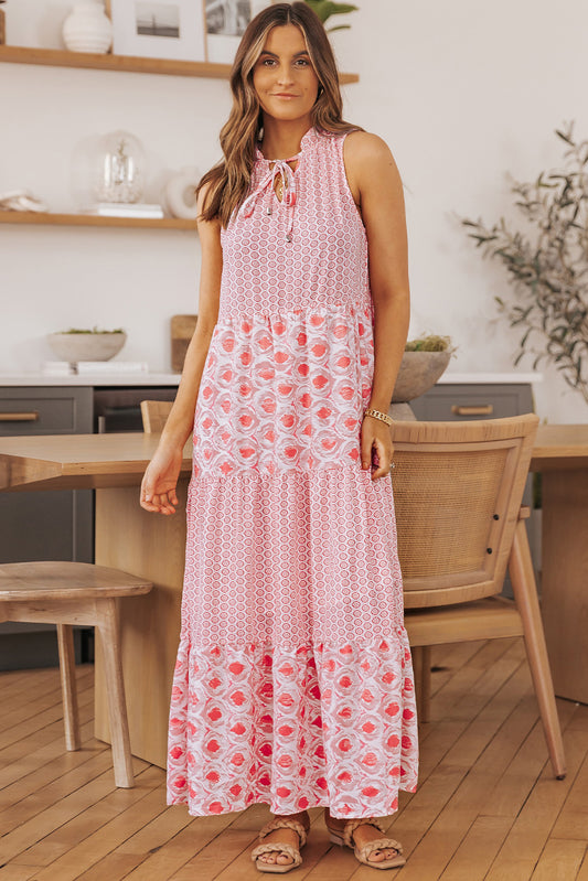 Honeybee Mumford's Mixed Print Tie-Neck Sleeveless Maxi Dress