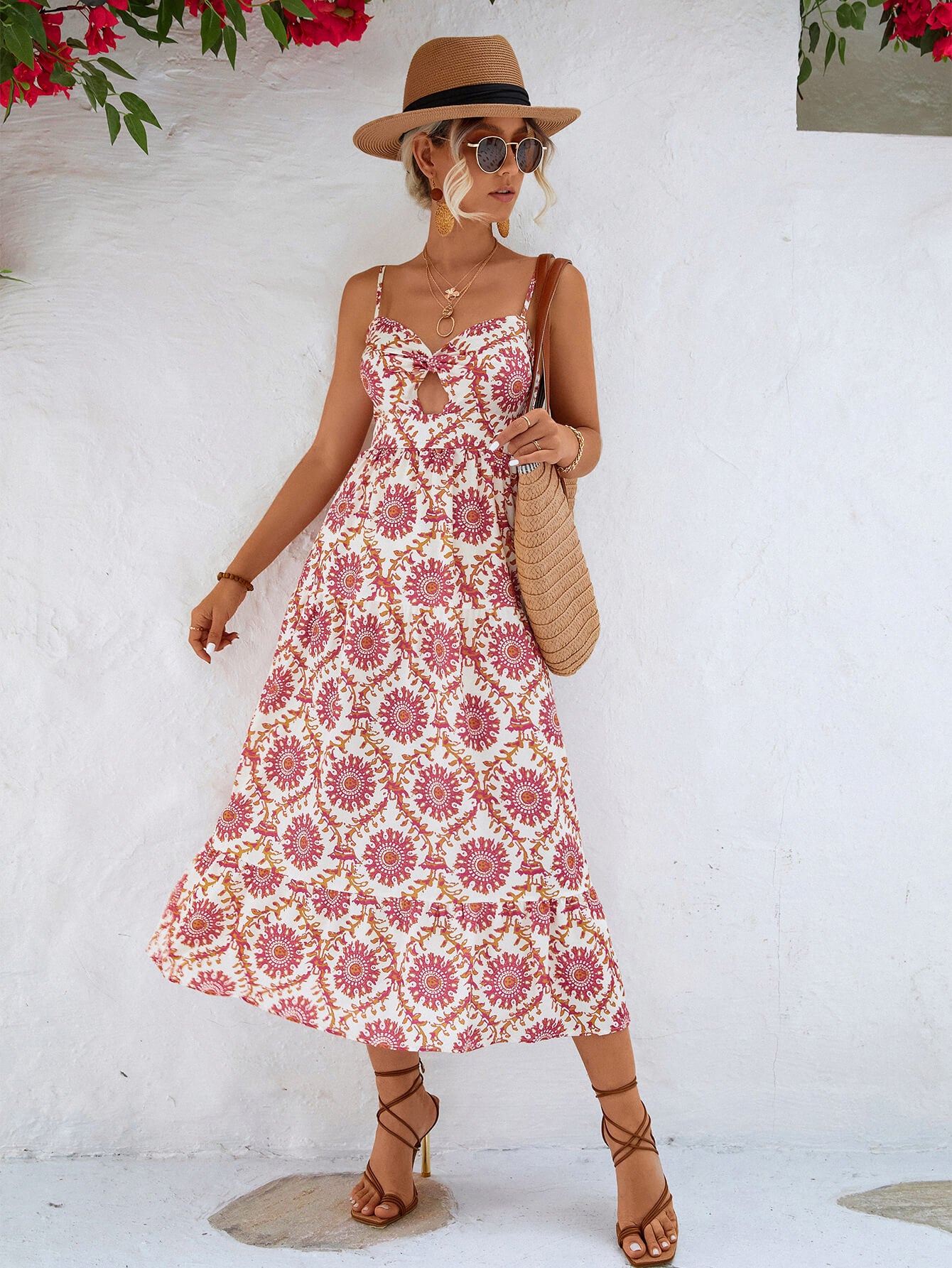 Honeybee Mumford's Printed Cutout Spaghetti Strap Midi Dress