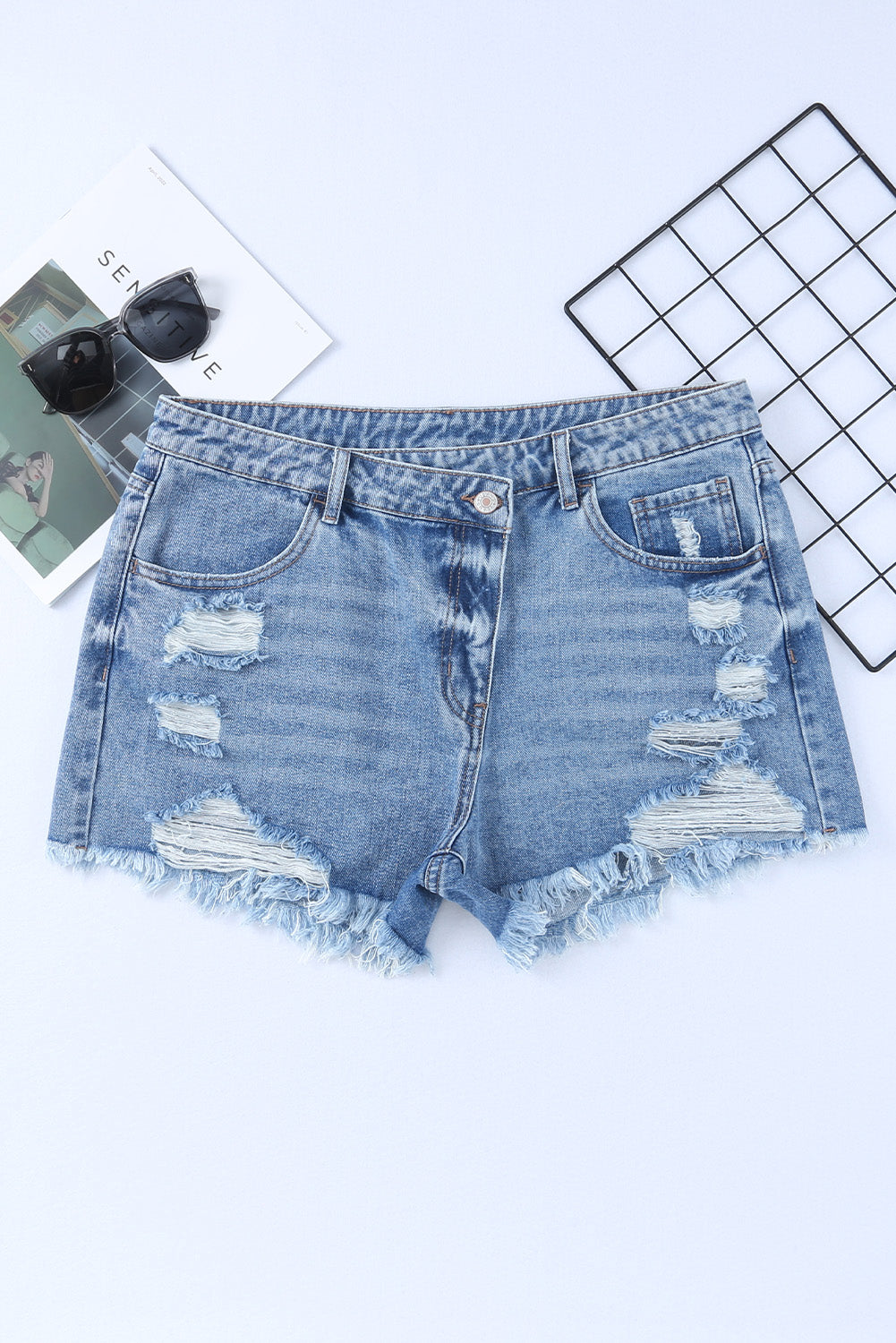 Honeybee Mumford's Sky Blue High Rise Crossover Waist Denim Shorts