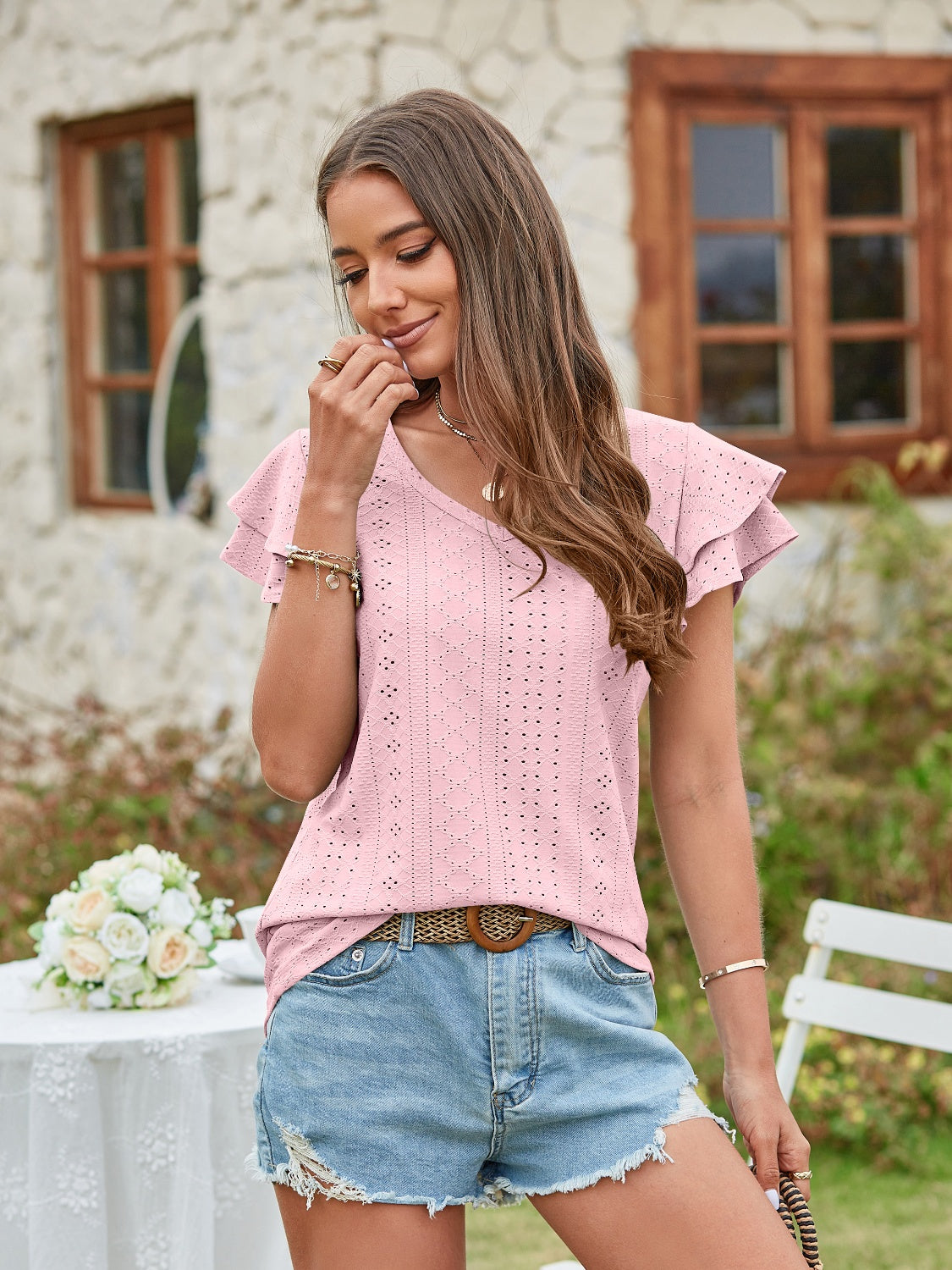 Honeybee Mumford's Eyelet V-Neck Short Sleeve Blouse