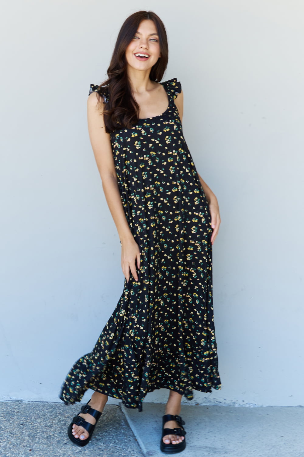 Honeybee Mumford's Doublju In The Garden Ruffle Floral Maxi Dress in Black Yellow Floral