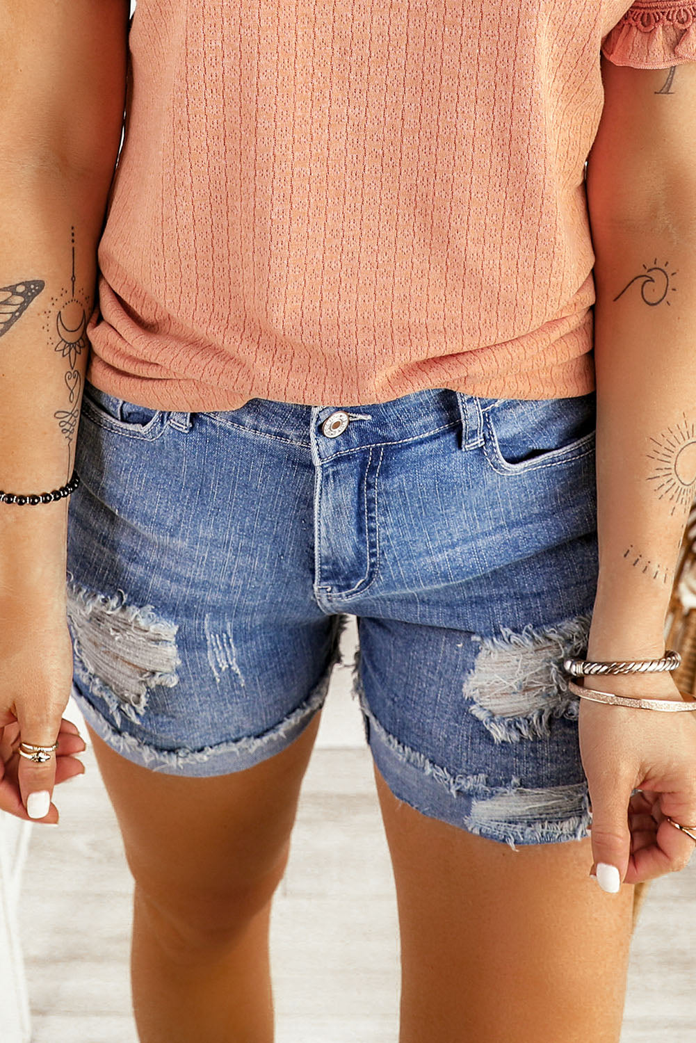 Honeybee Mumford's Distressed Ripped Rolled Hem Blue Denim Shorts