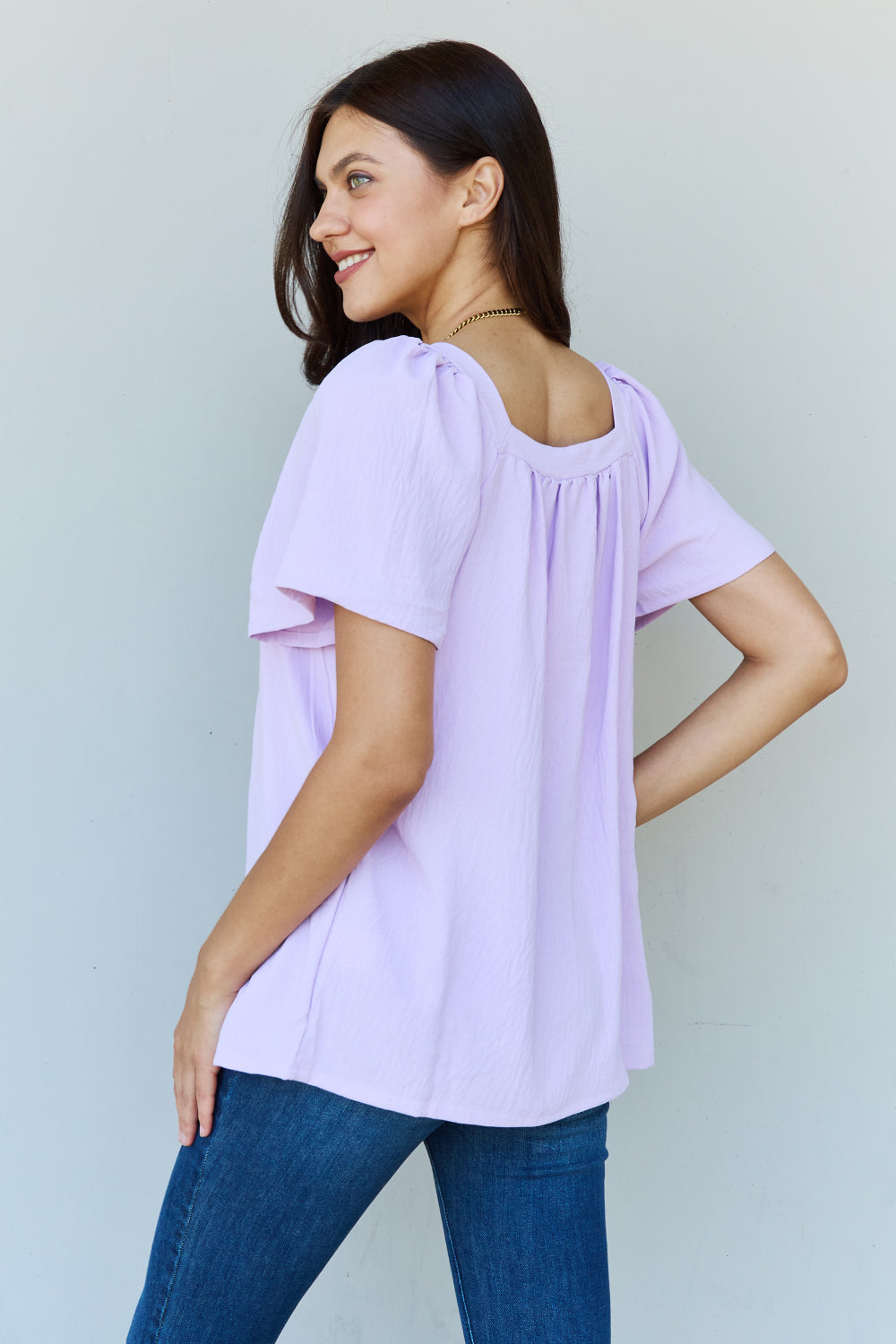 Honeybee Mumford's Keep Me Close Square Neck Short Sleeve Blouse in Lavender