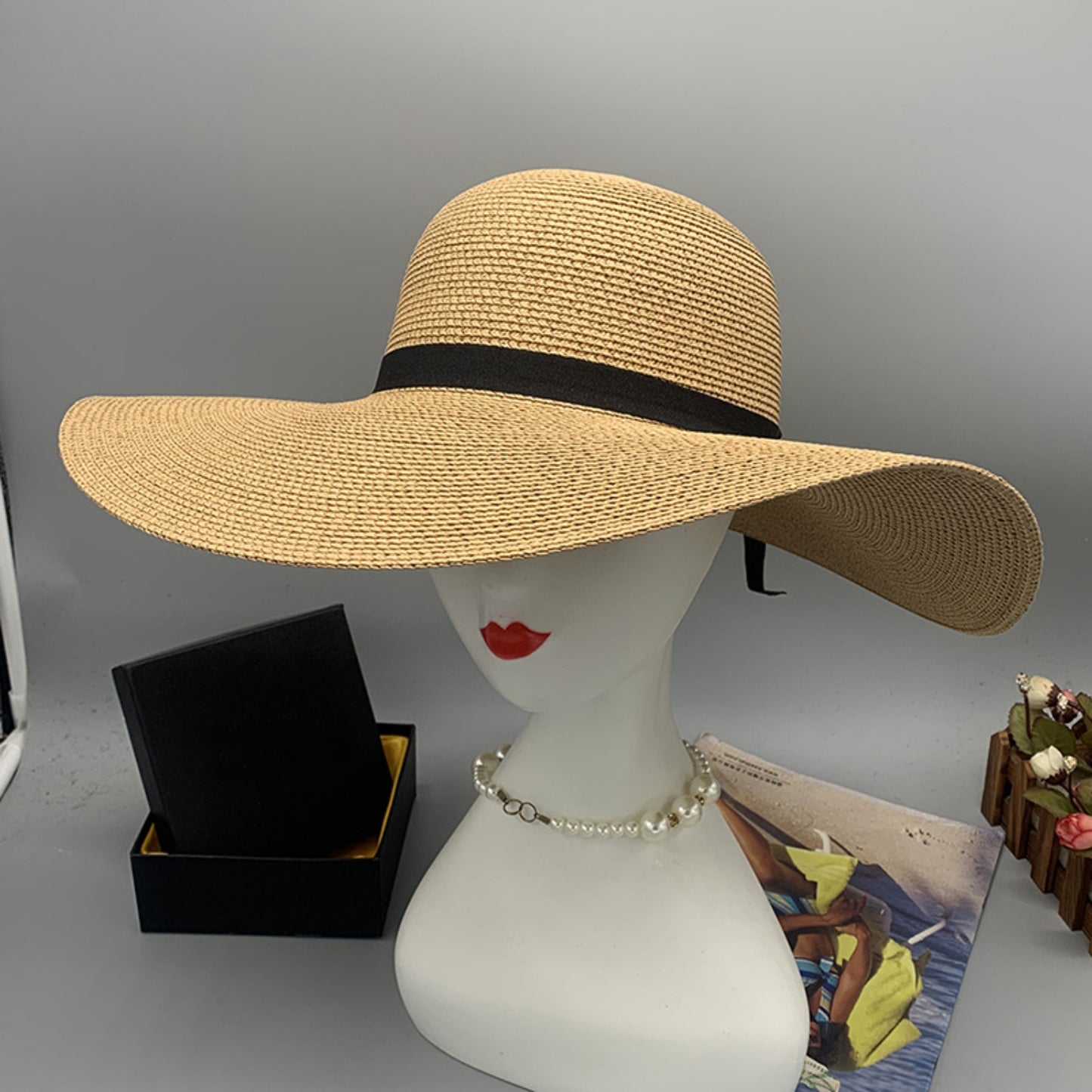 Honeybee Mumford's Paper Braided Wide Brim Hat w/ black Bow in Ivory, Navy, Black, Tan