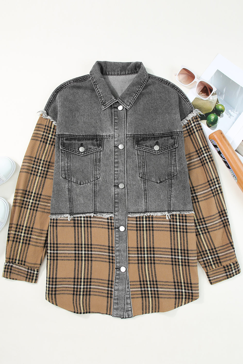 Honeybee Mumford's Medium Grey Plaid Patch Distressed Flap Pocket Denim Shacket