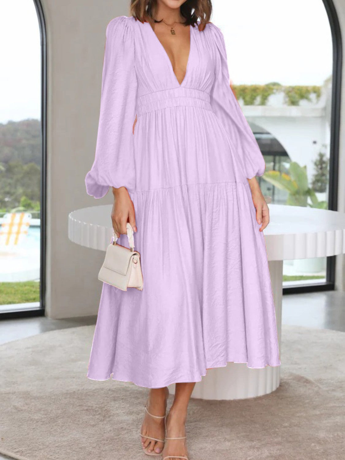 Honeybee Mumford's Deep V-Neck Balloon Sleeve Plain Maxi Dress