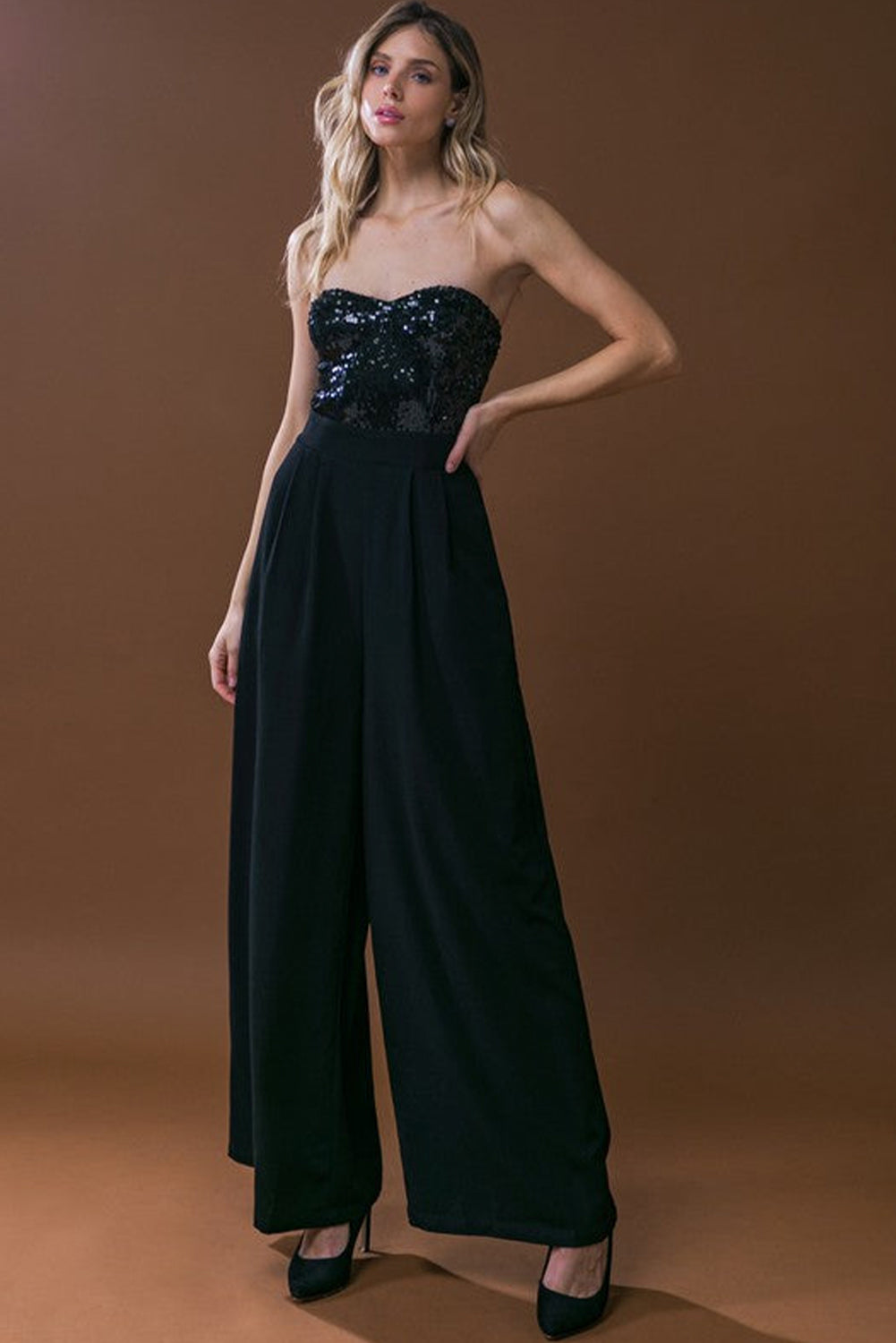 honeybee Mumford's Black Sequin Tube Top Wide Leg Jumpsuit