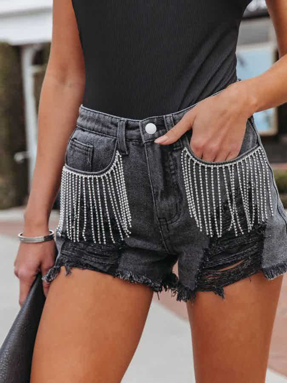 Honeybee Mumford's Distressed Fringe Denim Shorts with Pockets