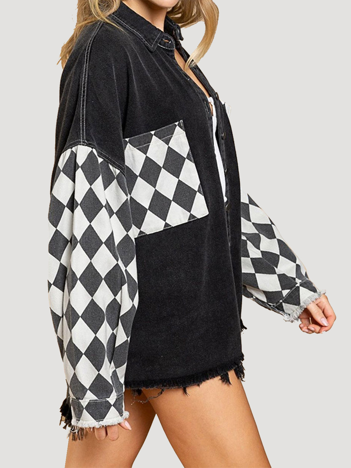 Honeybee Mumford's Geometric Raw Hem Denim Jacket