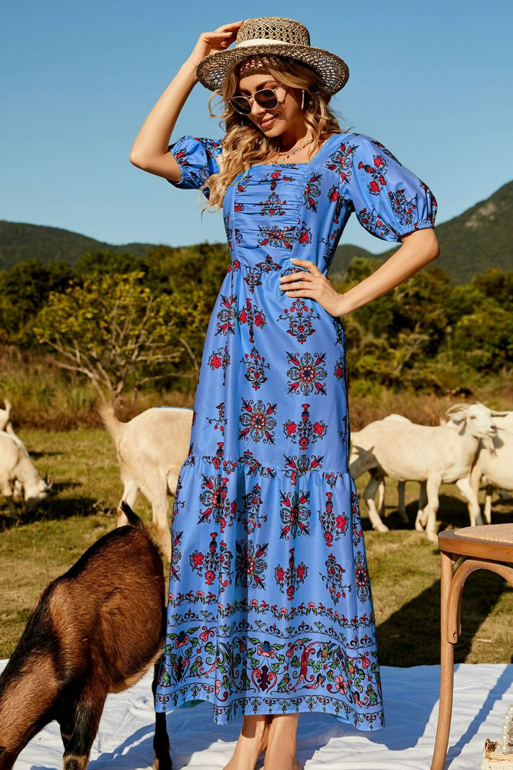 Honeybee Mumford's Casual Floral Ruched Puff Sleeve Tiered Maxi Dress