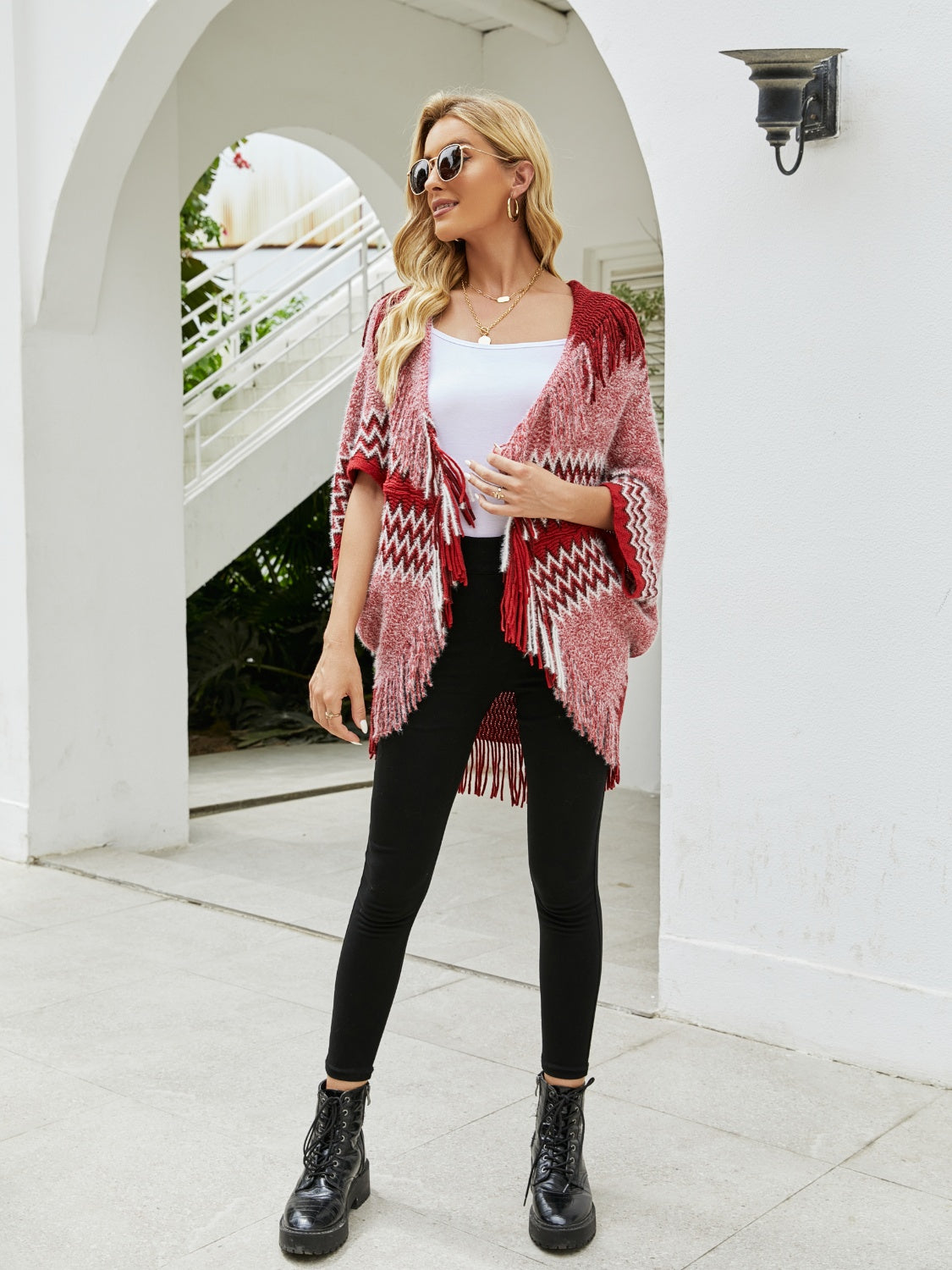 Honeybee Mumford's Geometric Fringe Open Front Cardigan