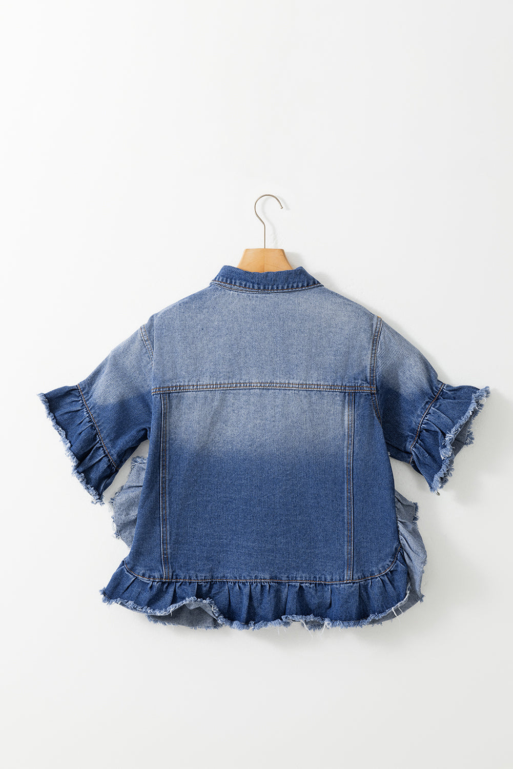 Honeybee Mumford's Ruffled Raw Hem Half Sleeve Denim Top