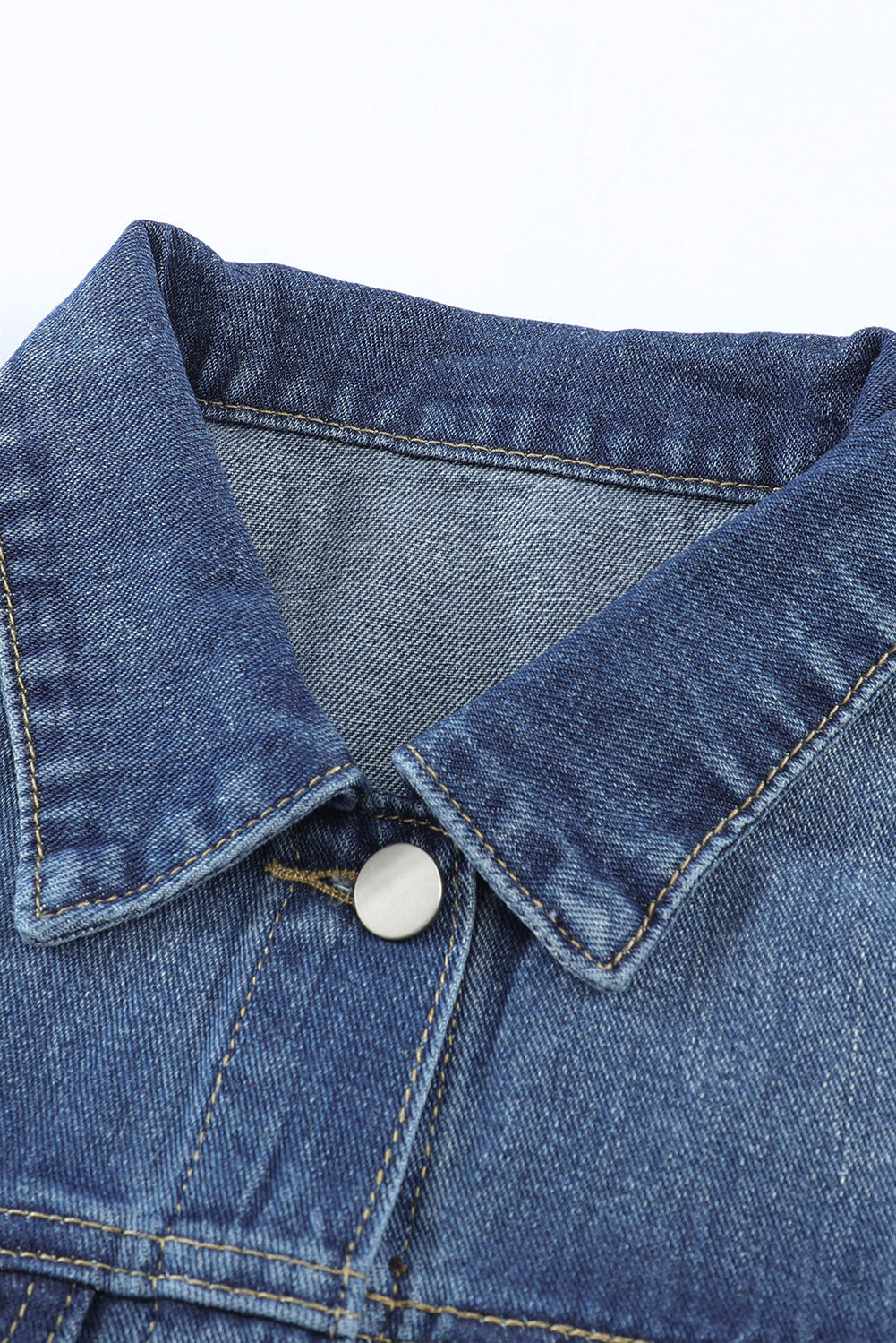 Honeybee Mumford's Blue Lapel Distressed Raw Hem Buttons Denim Jacket