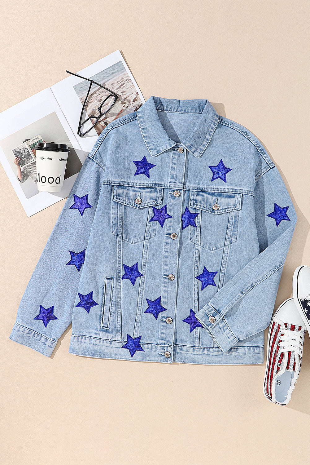 Honeybee Mumford's Bluing Sequin Star Flap Pocket Denim Jacket