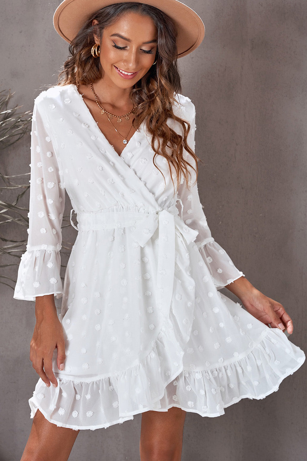 Honeybee Mumford's White Swiss Dot Ruffled Tie-Waist Surplice Dress