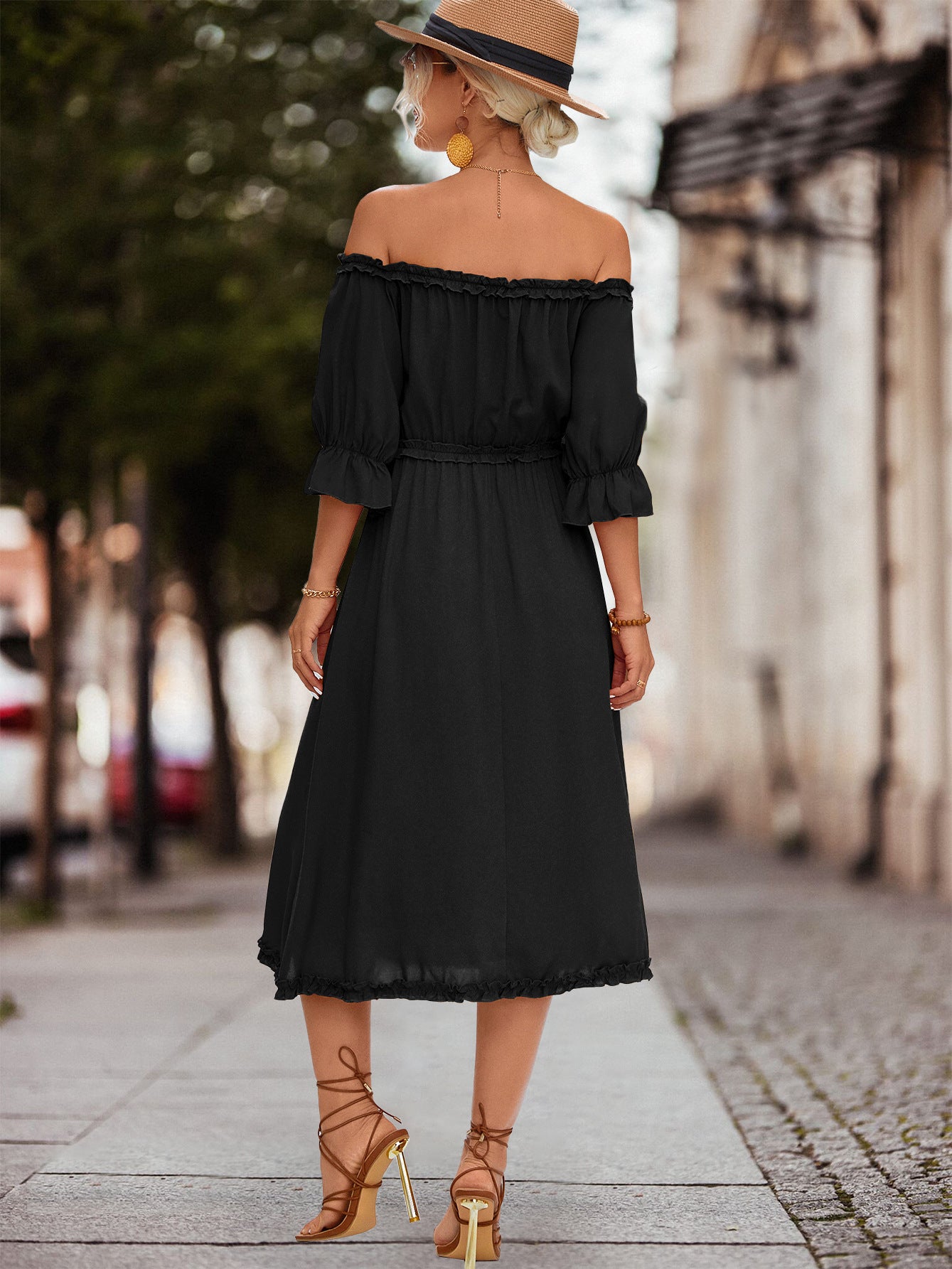 Honeybee Mumford's Frilled Off-Shoulder Flounce Sleeve Dress