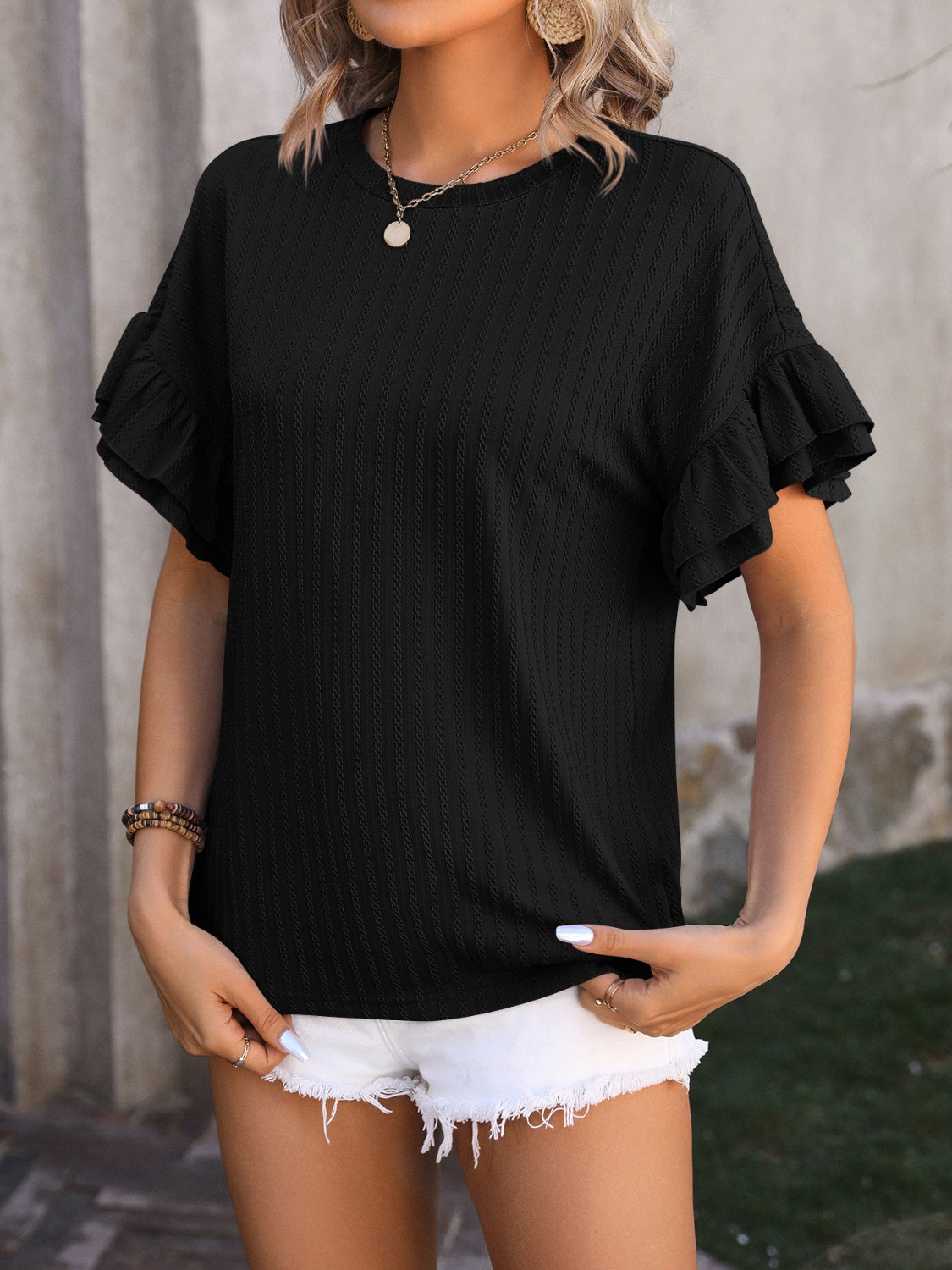 Honeybee Mumford's Ruffled Round Neck Short Sleeve Blouse