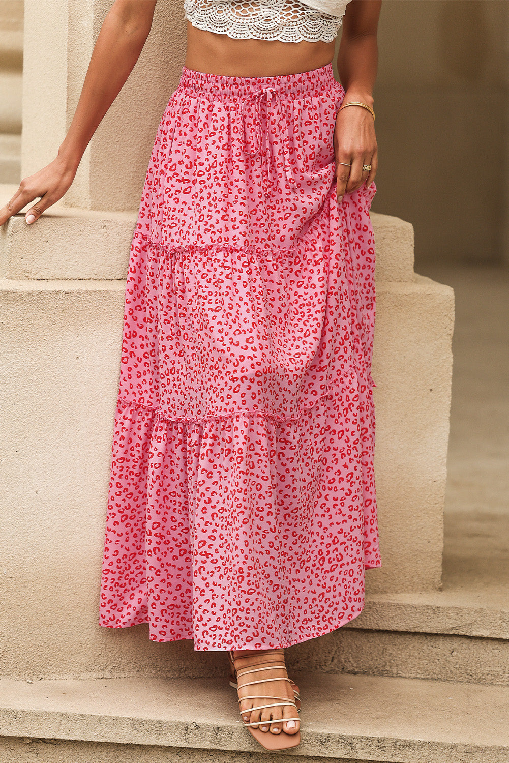 Honeybee Mumford's Pink Leopard Print Frilled Drawstring High Waist Maxi Skirt