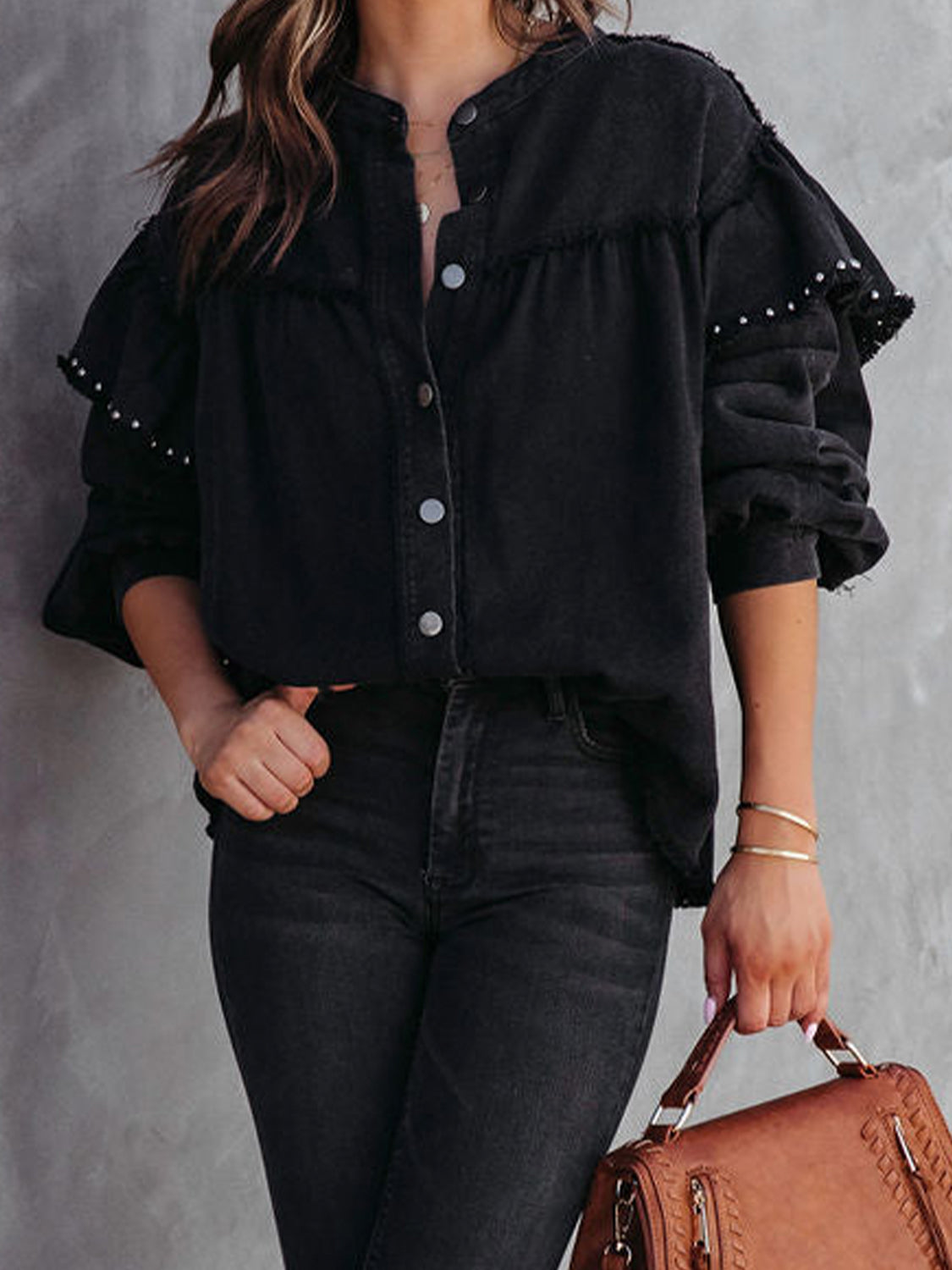 Honeybee Mumford's Button-Down Denim Jacket w/Raw Hem in Black & Turquoise