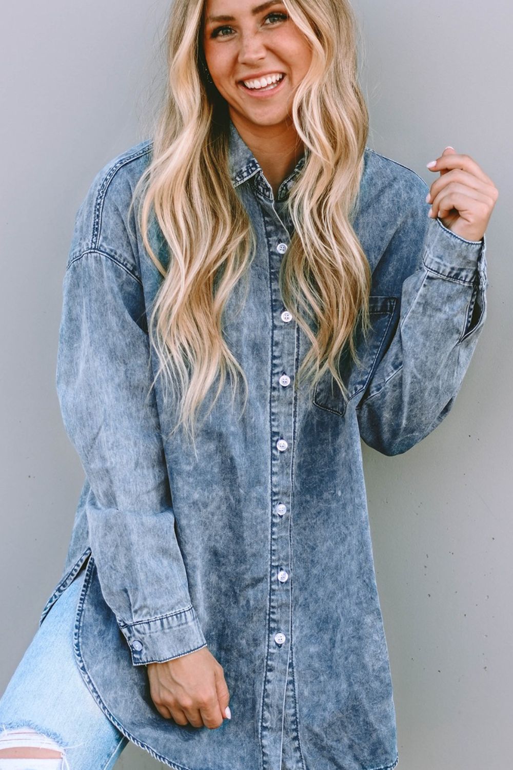 Honeybee Mumford's Button Up Dropped Shoulder Denim Top