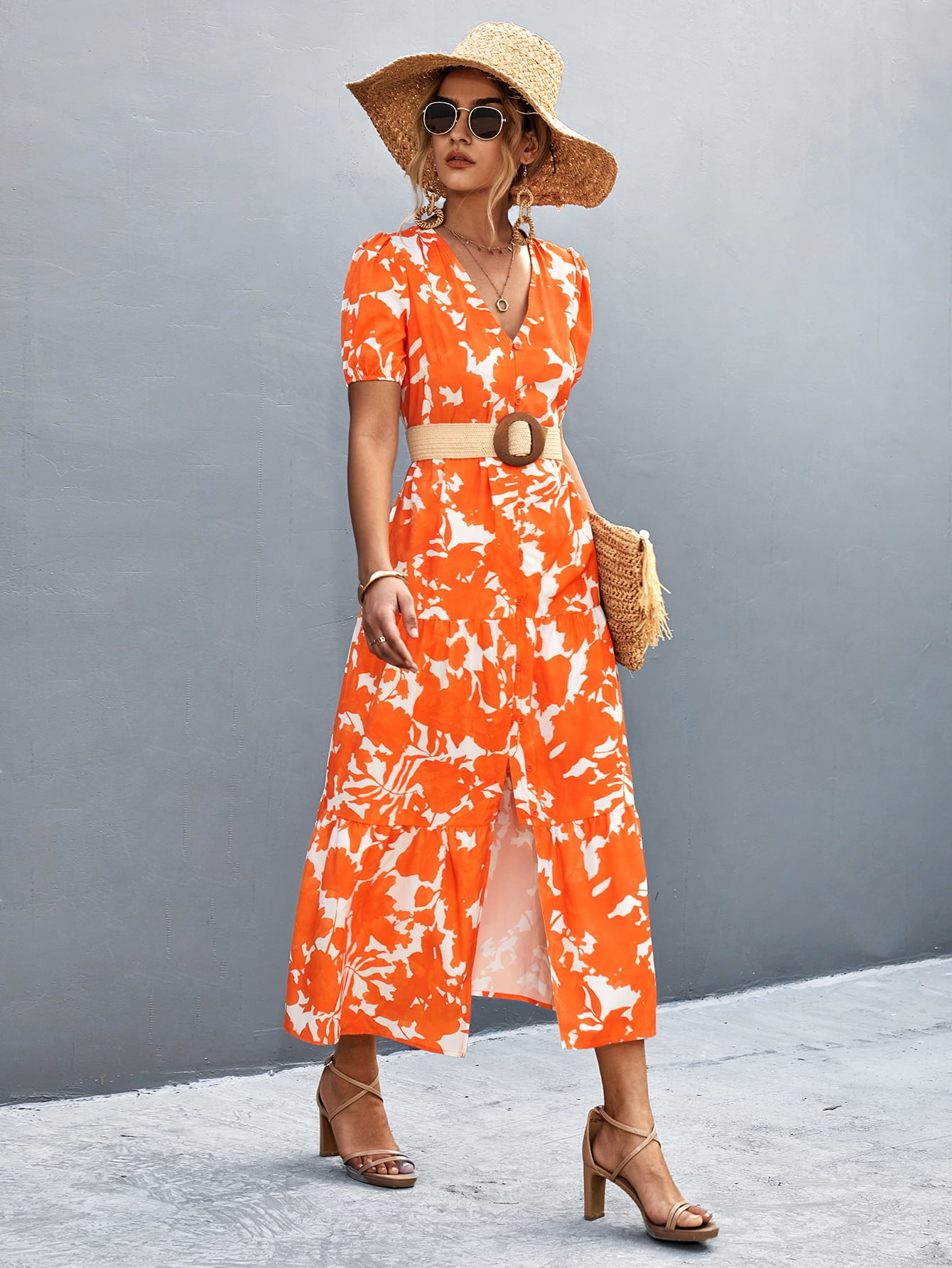 Honeybee Mumford's V-Neck Short Sleeve High Slit Midi Dress