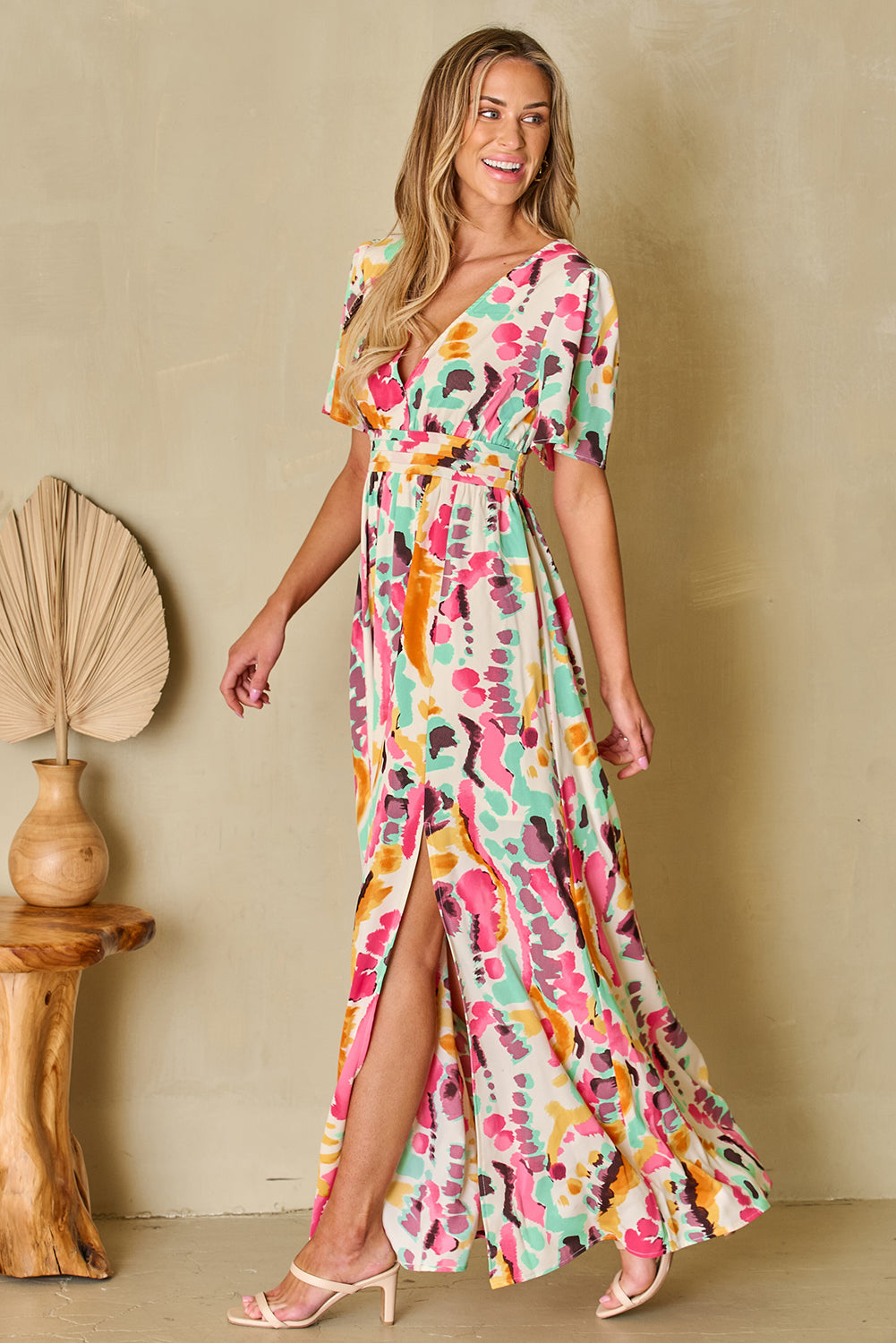 Honeybee Mumford's Pink Boho Tie-dye Print V Neck Maxi Dress