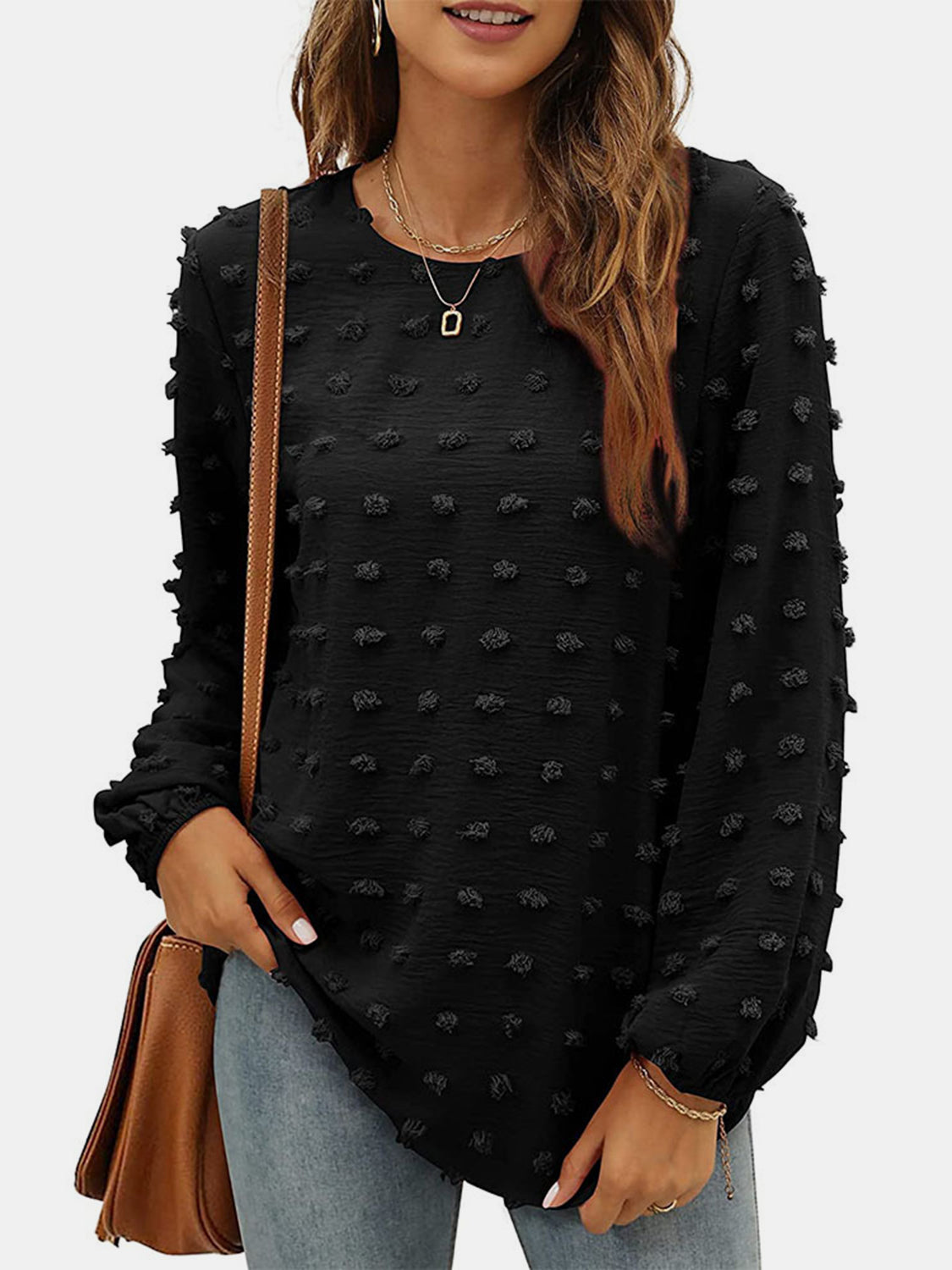 Honeybee Mumford's Swiss Dot Round Neck Long Sleeve Blouse