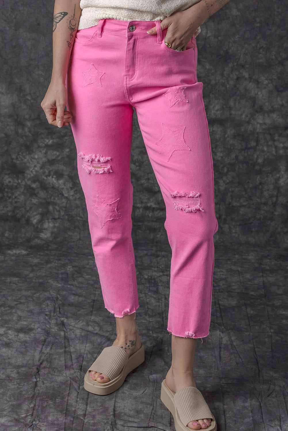 Honeybee Mumford's Pink Star Shape Patchwork Mid Waist Straight Leg Jeans