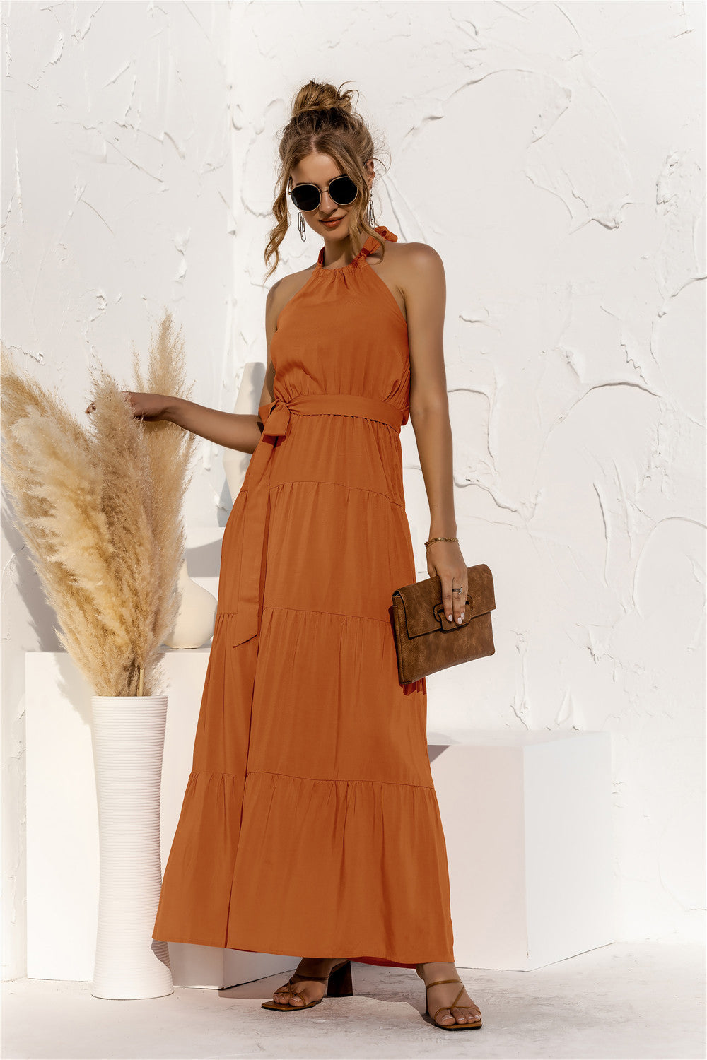 Honeybee Mumford's Halter Neck Tie Waist Tiered Maxi Dress