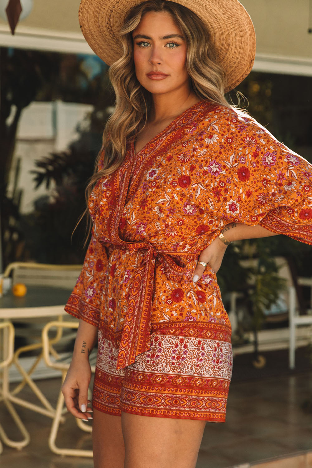 Honeybee Mumford's Orange Boho Floral Wrap V Neck Tie Waist Romper