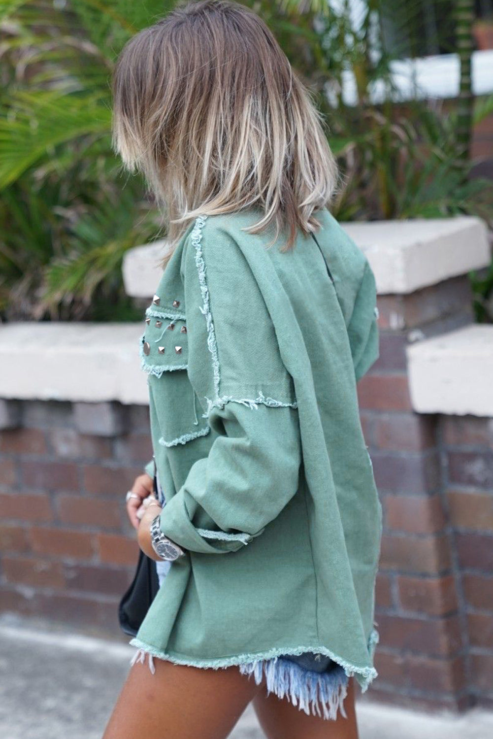 Honeybee Mumford's Mist Green Frayed Trim Riveted Denim Jacket